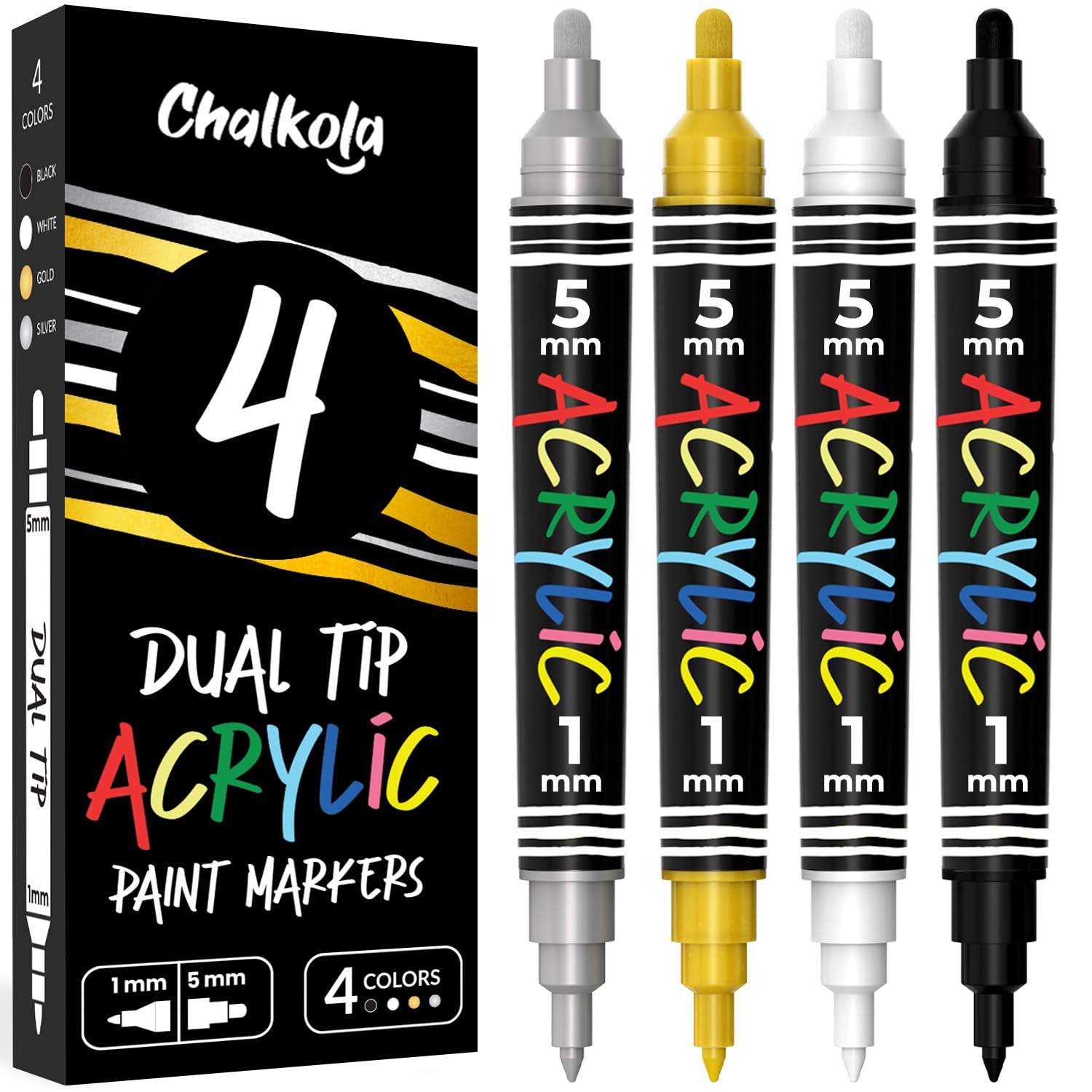 Chalkola 4 Acrylmarker Dualspitze (Weiß, Schwarz, Gold & Silber) 1mm+5mm Acrylic Marker, Acrylstifte Wasserfest, Acrylstifte Für Steine Wasserfest, Acryl Marker Für Holz, Glas, Stoff