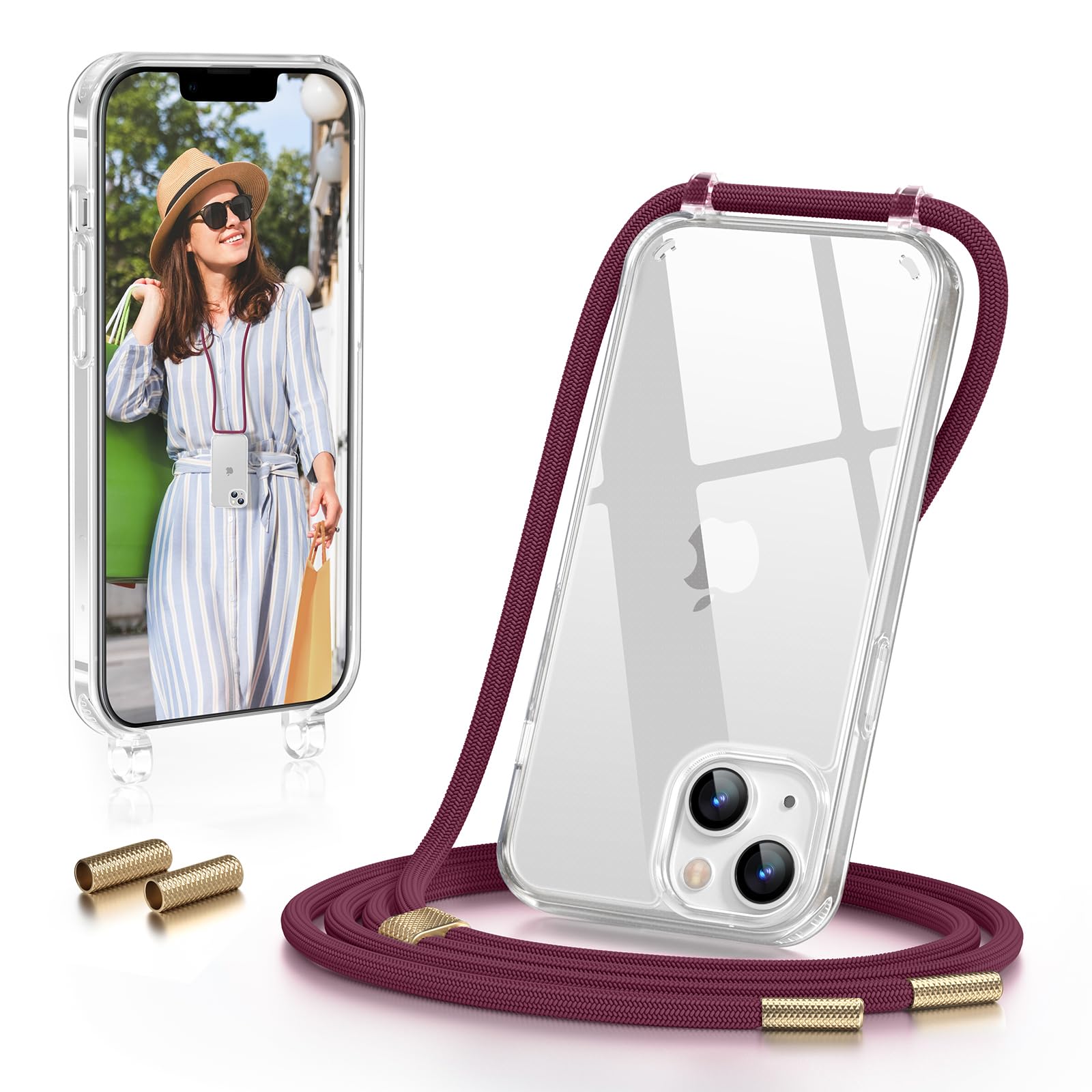 GOODVISH Cover Trasparente con Cordino per iPhone 14 6.1", Custodia con Regolabile Laccio Tracolla, [Antiurto] [AntiGraffio] [Antiscivolo] Case con Collana, Rosso vino