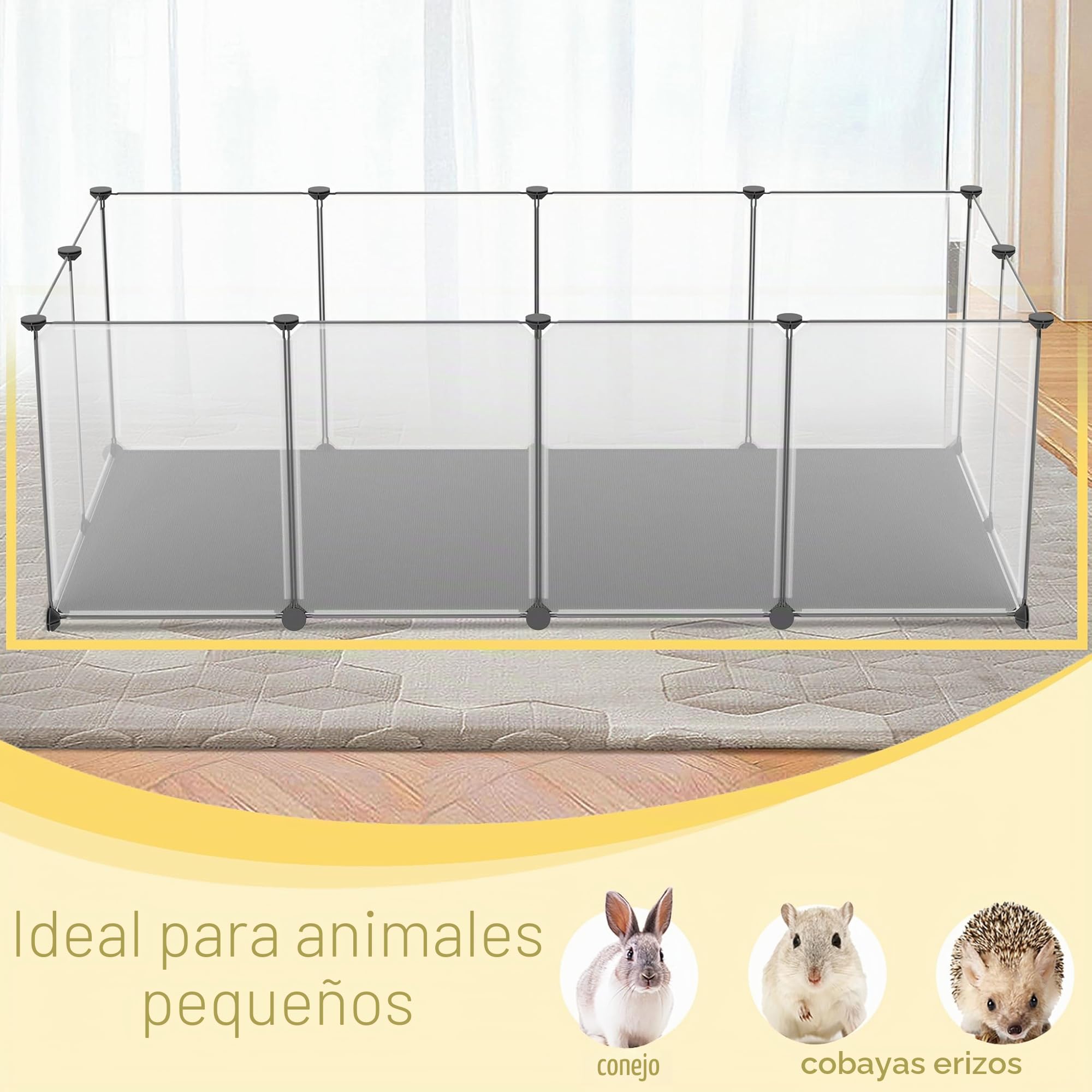 UISEBRT Recinto con placas de suelo y alfombra impermeable, juego de 12 piezas, corral modular, 143×73×46 cm – para animales pequeños y cachorros, caja para perros, jaula para conejos, recinto para
