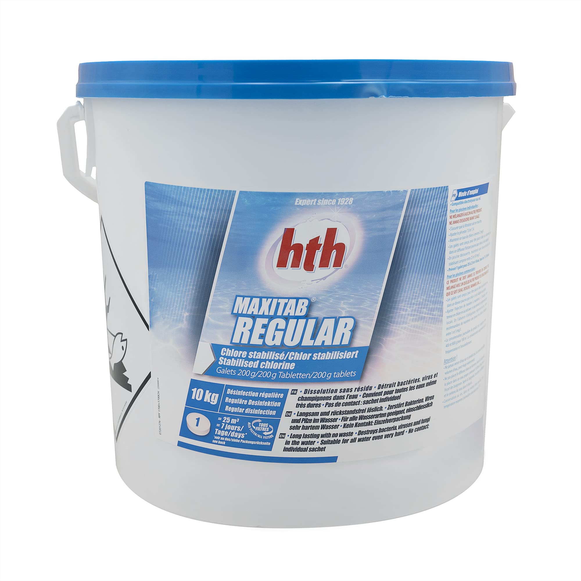 HTH MAXITAB Regular Galet 200g - 10kg | Chlore Lent Stabilisé - Désinfection Régulière - Dissolution Lente + 10 Tests HPS OFFERTS 6 en 1
