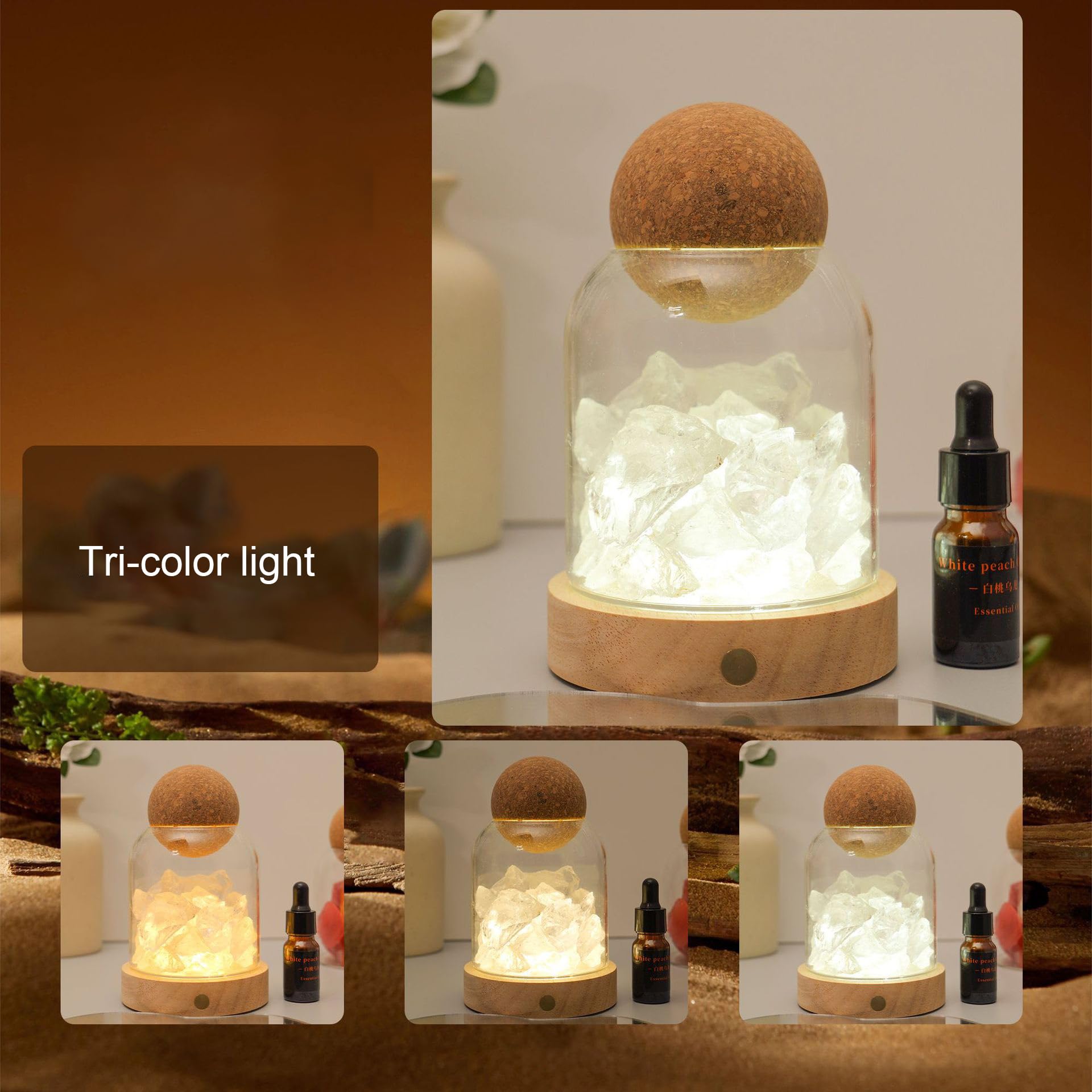Lampka nocna z kryształu soli, naturalny dyfuzor zapachowy, port USB, 3 tryby kolorów, możliwość ściemniania, dekoracja do sypialni, biura, spa wellness i relaksu
