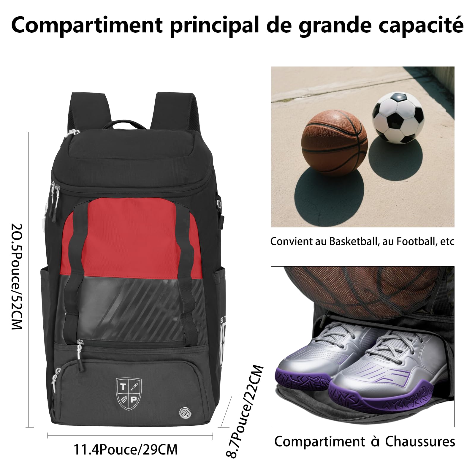 KINGSLONG Sac à Dos de Basketball Football, Sac D'équipement de Basketball avec Compartiment à Balles et Compartiment à Chaussures pour Basketball, de Volleyball, de Baseball, de Football