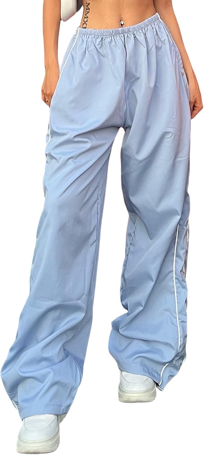 Springrain Womens Wide Leg Track Pants Slouchy Stripe Detail Jogger Sweatpants with Pockets