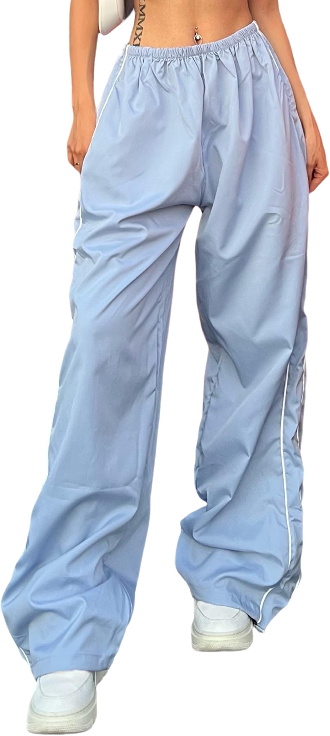 Springrain Womens Wide Leg Track Pants Slouchy Stripe Detail Jogger Sweatpants with Pockets