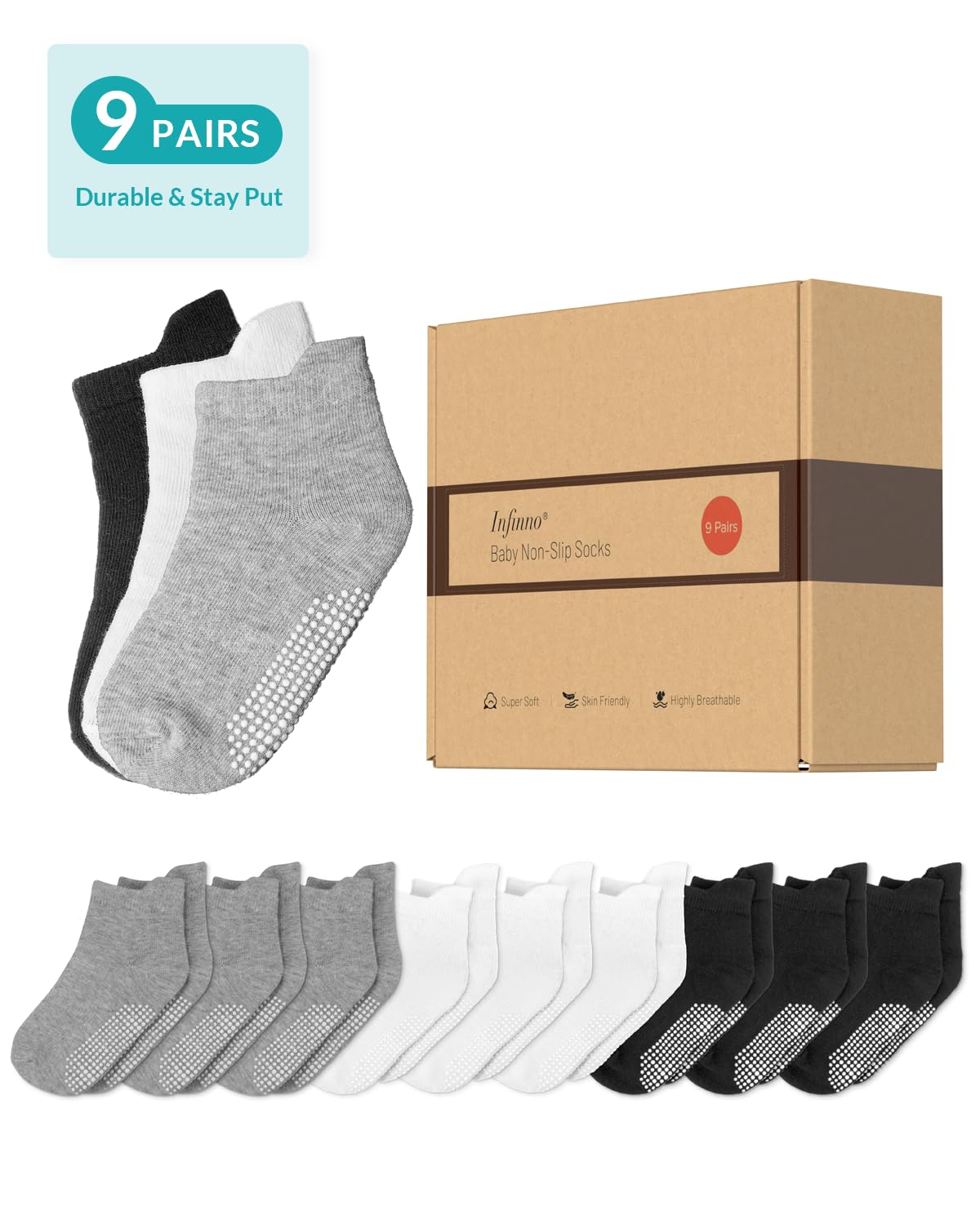 Infinno Baby Non Slip Ankle Socks 9 Pairs - Toddler Socks with Grips for Kids, Infants Boys and Girls 6-24 Months, 1T-7T
