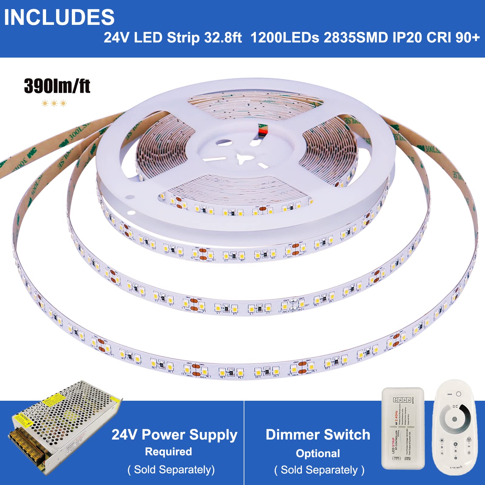 JOYLIT PRO Striscia LED 24V 10M Bianca Caldo 3000K 12800LM Alta Luminosità CRI 92+, CE UL 120LEDs/M Alta Densità SMD 2835 150W Dimmerabile IP20 Flessibile Luce Nastri LED Per Commerciale, Casa