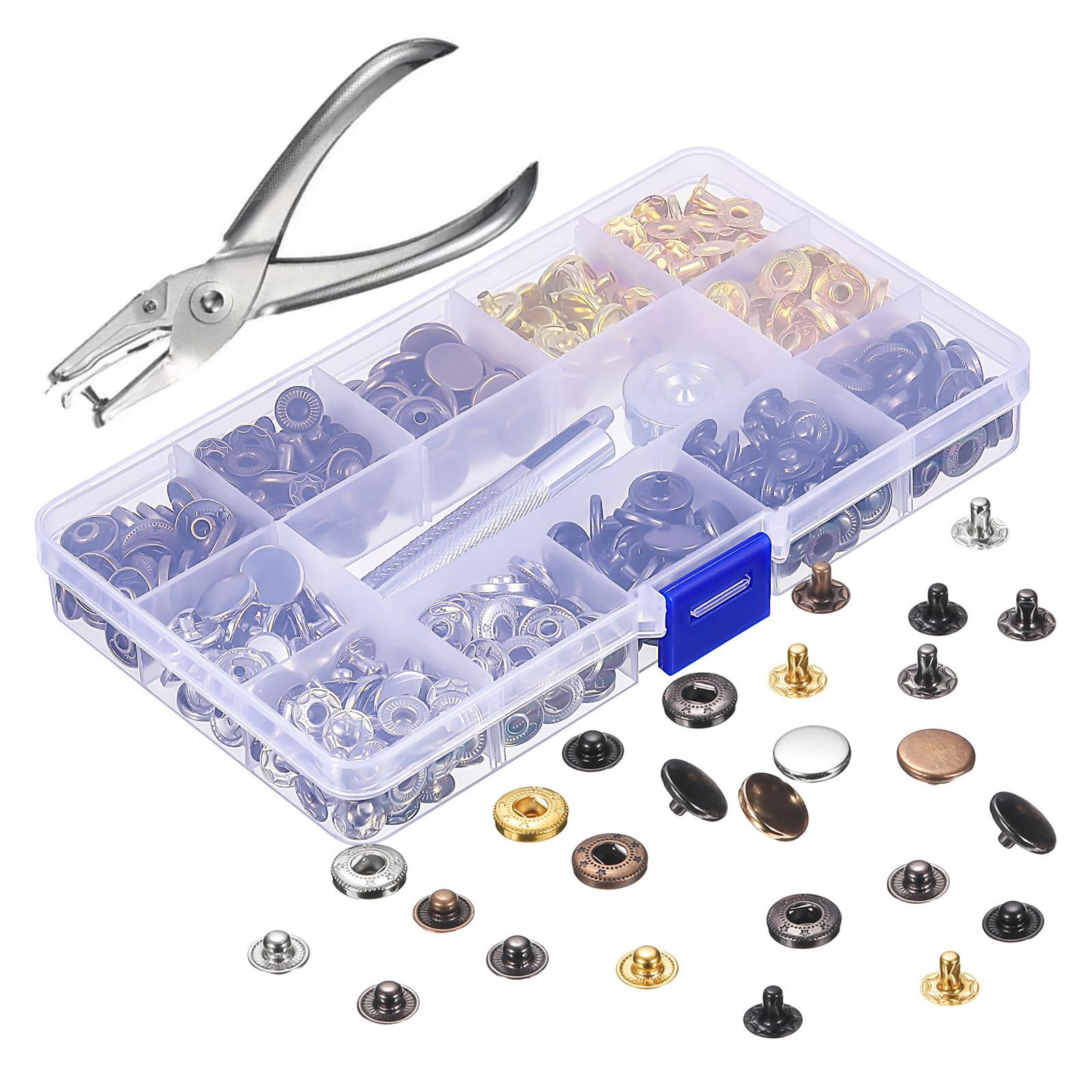 120 Set Sewing Snap Fasteners Kit Press Stud Kit Press Studs Snap Fasteners Sewing Accessories with Punch Pliers and 4 Pieces Fixing Tool Kit for Purse Leather Wallet Craft Jacket