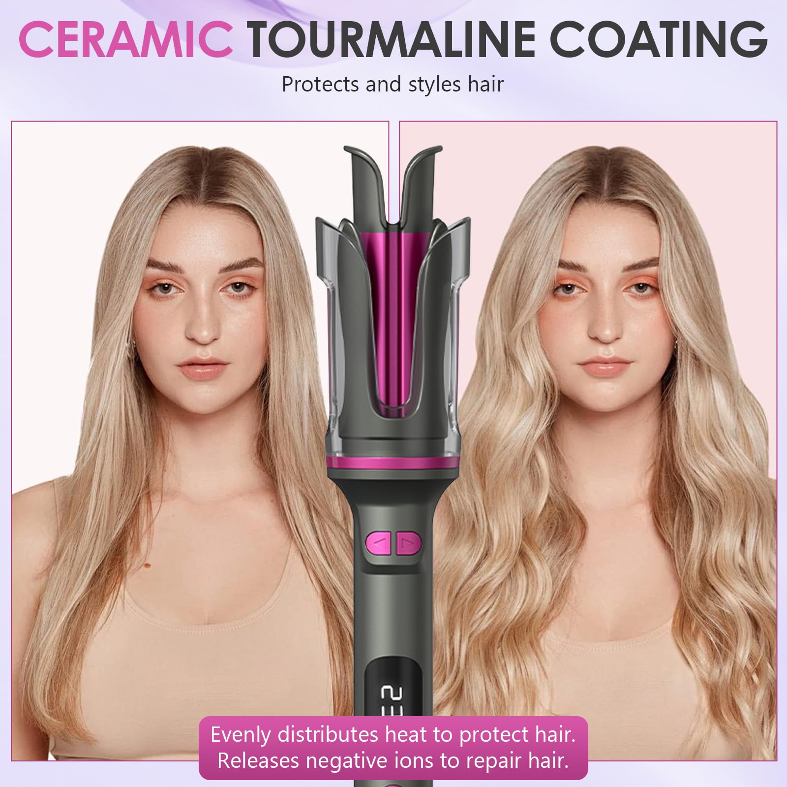 Rizador de Pelo Automatico, Rizador Pelo Ondas con 6 Niveles de Temperatura Ajustables 130-230°C, Recubrimiento Cerámico, Diseño Antiquemaduras, Fácil de Usar (Morado)