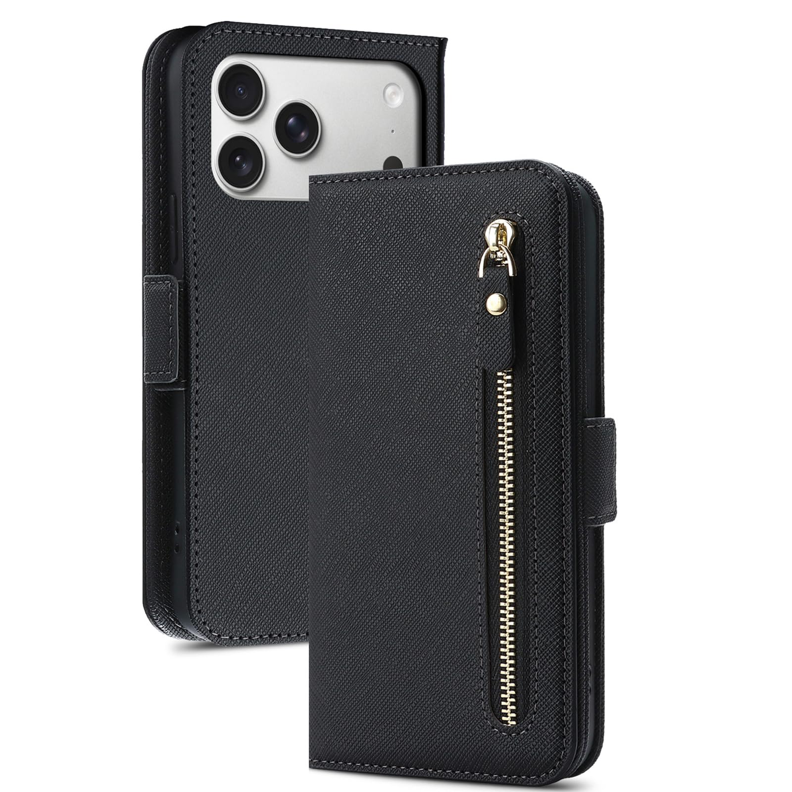 MFAOSHI Crossbody Case for iPhone 17 Pro Max/17 Pro/17 Air/17, Zipper Wallet Flip Leather Cover with Makeup Mirror Kickstand Function Case,Black,17 Air