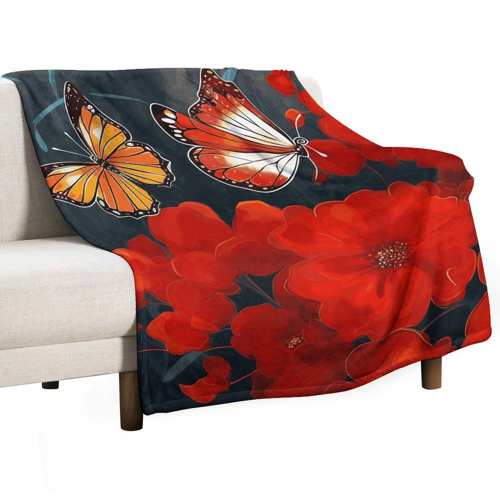 Couverture en flanelle douce rouge aux motifs fleurs et papillons pour lit et canapé