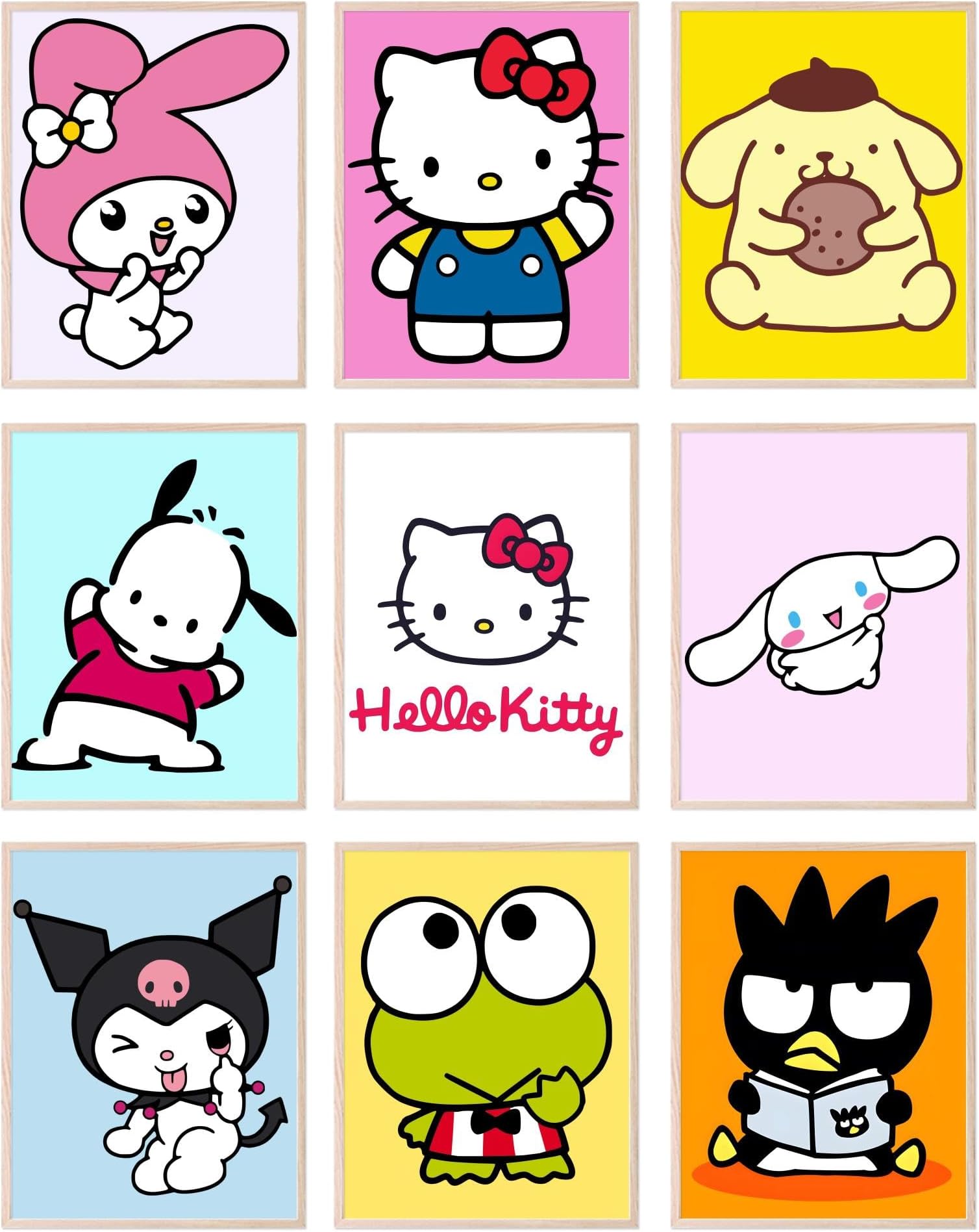 BigWig Prints Hello Kitty Poster Set - Hello Kitty Wall Decor, My Melody, Keroppi, Pompompurin, Kuromi, Badtz-Maru, Cinnamoroll, Wall Art Posters for Girls bedroom - Unframed Set Of 9 (8x10”)