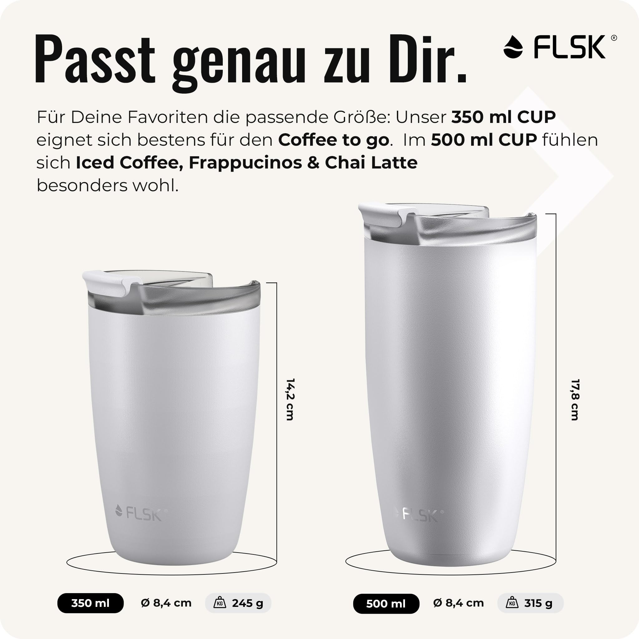 FLSK Next Gen Essentials Cup To Go - Vaso reutilizable de acero inoxidable (350 ml, 500 ml) - 3 h caliente y 3 h frío, a prueba de fugas, apto para lavavajillas, incluye embalaje sin árboles