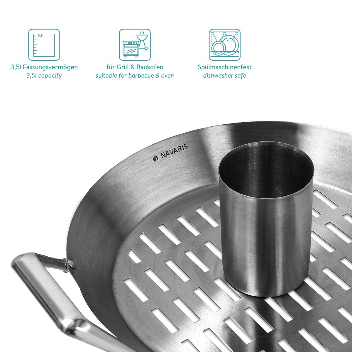 Navaris rostiera Grill Barbecue per Pollo - Supporto Cottura arrosto BBQ pollame Ø 30,5cm - cuocipollo in Acciaio Inox con Contenitore aromi