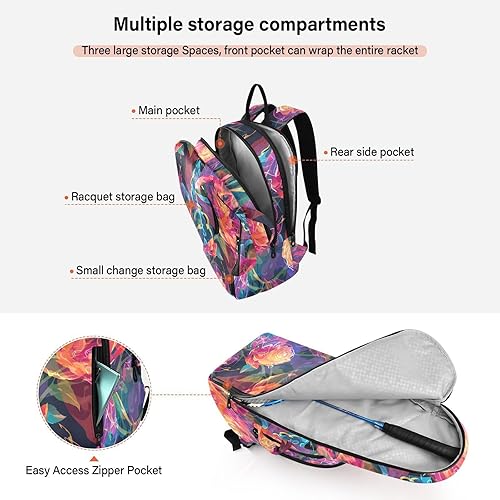 Miniatura 5 de Tennis Sport Bag for Women Large Storage Abstract Art Illustrations Flowers Red 3 Rackets Badminton Racket Cover for Tennis, Badminton, Pickleball