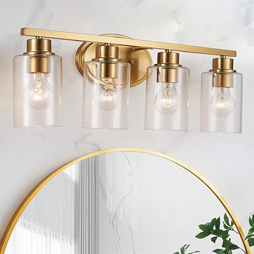 Lámparas de tocador de baño sobre el espejo, 4 lámparas de baño de oro cepillado con vidrio transparente, moderna lámpara de tocador para baño,