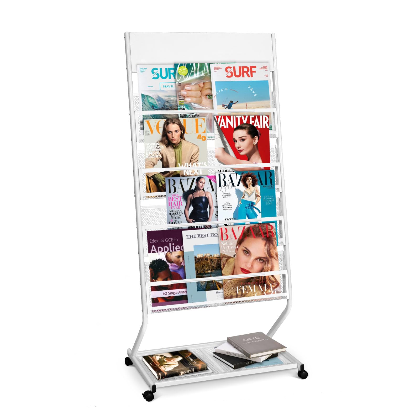 SUNDOY 4-Pocket Floor Standing Brochure Display Stand – Metal Magazine Stand Literature Rack with Wheels for Trade Shows, Exhibitions, Offices & Retail Stores (White-4-Layer)