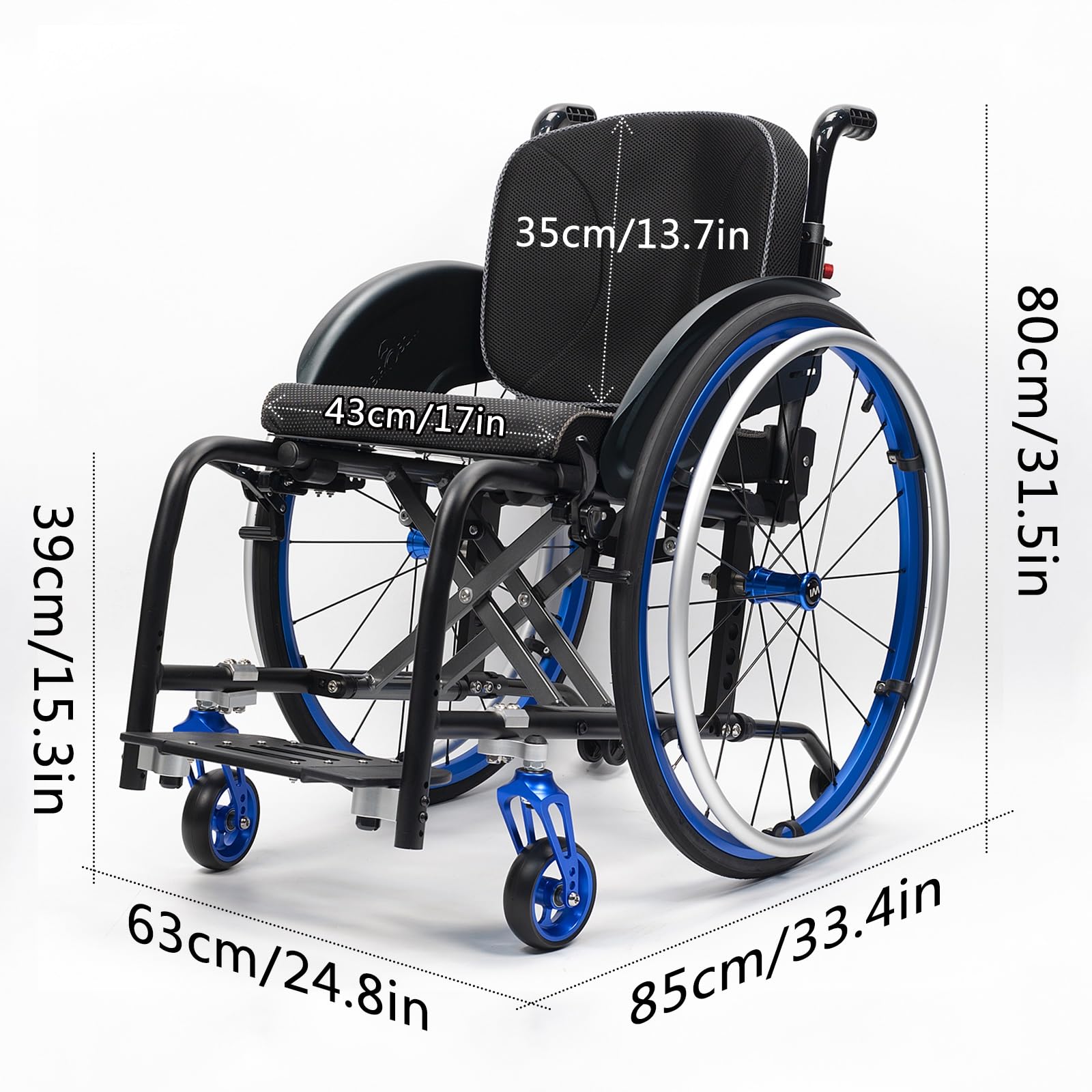 Silla de ruedas manual ligera, silla de ruedas deportiva ultraligera portátil todo terreno, silla de ruedas plegable, sillas de ruedas de transporte con antivuelco(Blue B,43cm/17in)