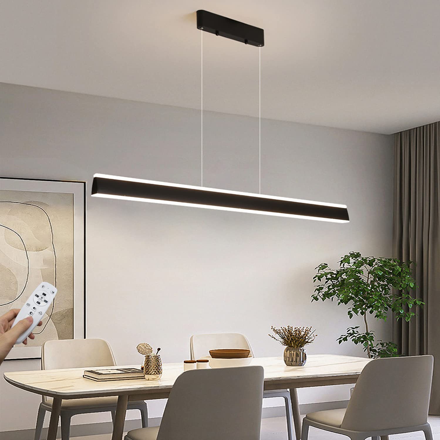 LED Lampa Wisząca do jadalni Nowoczesna ściemnialna długa lampa Wisząca z pilotem Żyrandol z Regulacją Wysokości Akrylowy klosz do Jadalni Biurowe Oświetlenie Kuchenne (czarny, 100cm)