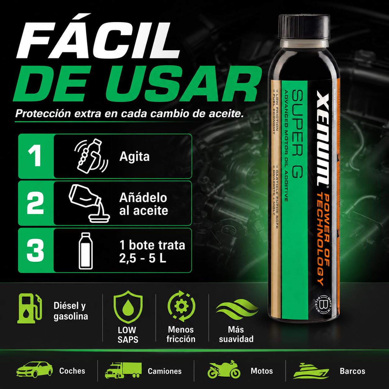 Genérico Xenum Super G Aditivo para Aceite de Motor 300 ml | Refuerzo de Grafito, Molibdeno y Ésteres | Reduce Fricción, Ruido y Desgaste | Compatible Diésel y Gasolina | Coches, Motos y Camiones