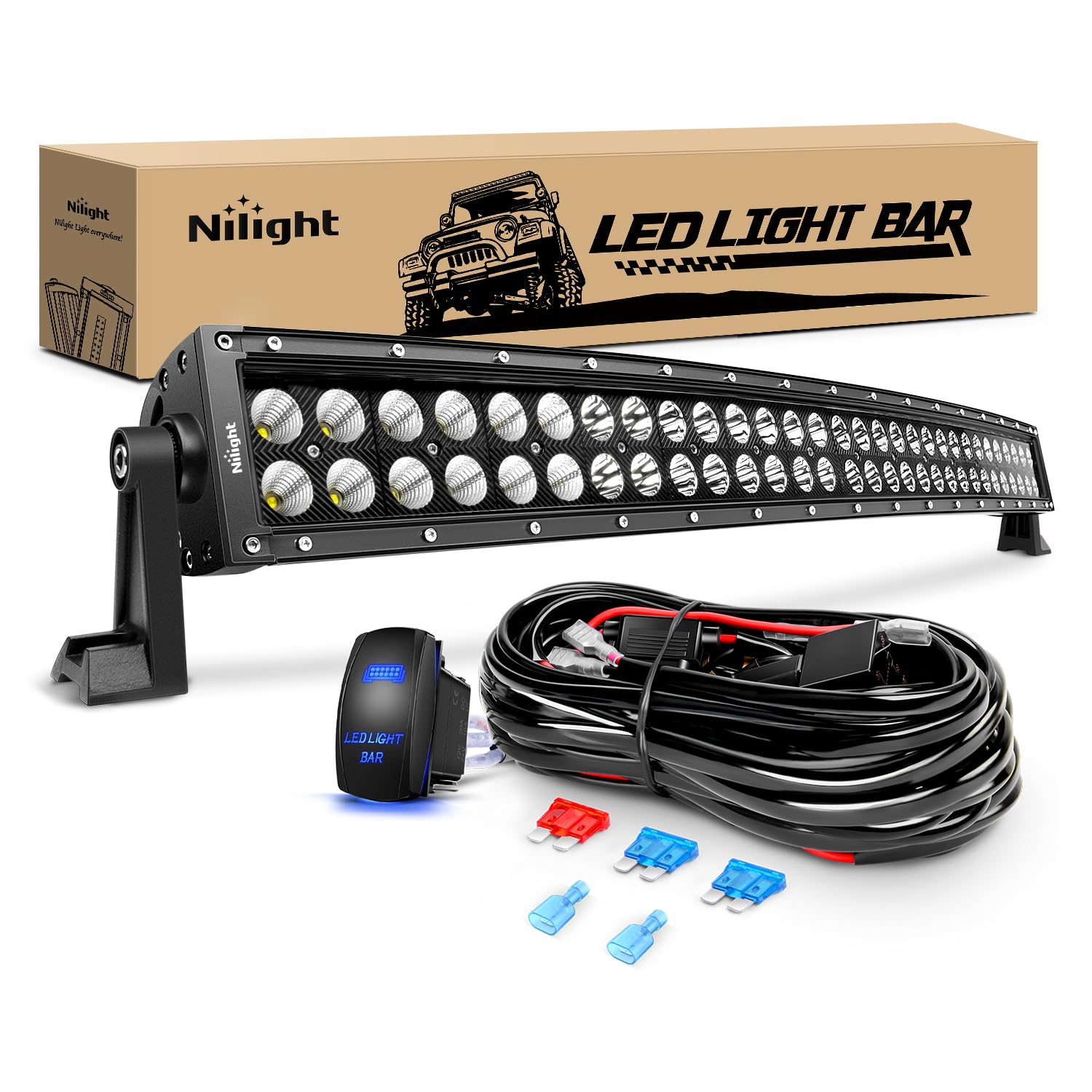 Nilight - Zh410 32Inch 180W Curved Led Light Bar Work Light Spot Flood Combo Offroad Driving Lights With 16Awg Wiring Harness Kit， 2 Year Warranty
