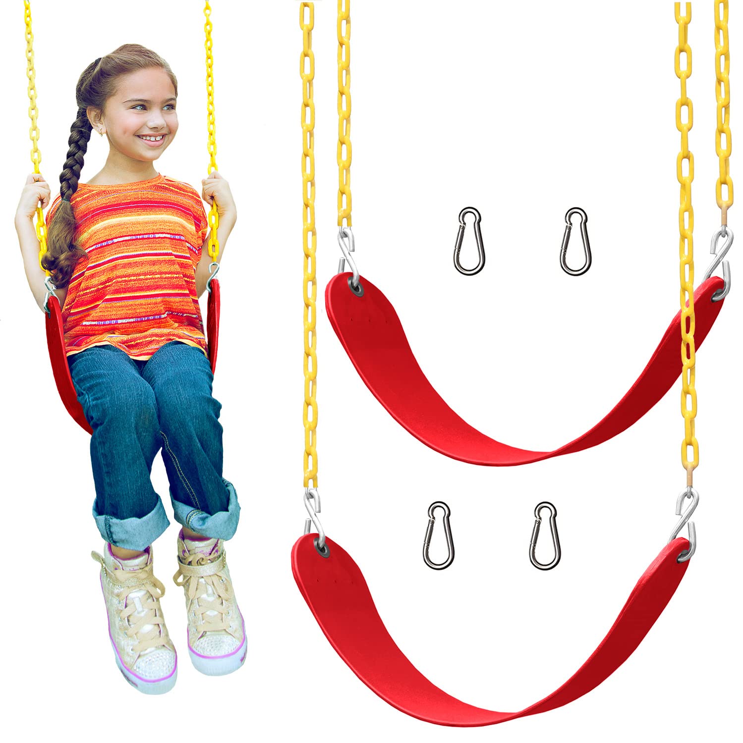 Jungle Gym KingdomSwings for Swing Set - 2 Pack Set Heavy Duty Parts, Chain & Seat - Replacement Playground Accessories Kit for Kids Backyard Outdoor Swingset - Red