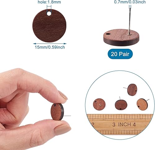 Miniatura 3 de Craftdady 20 pares de aretes de madera natural, disco redondo, madera de nogal, acero inoxidable, 0.591 in para mujer, fabricación de aretes de