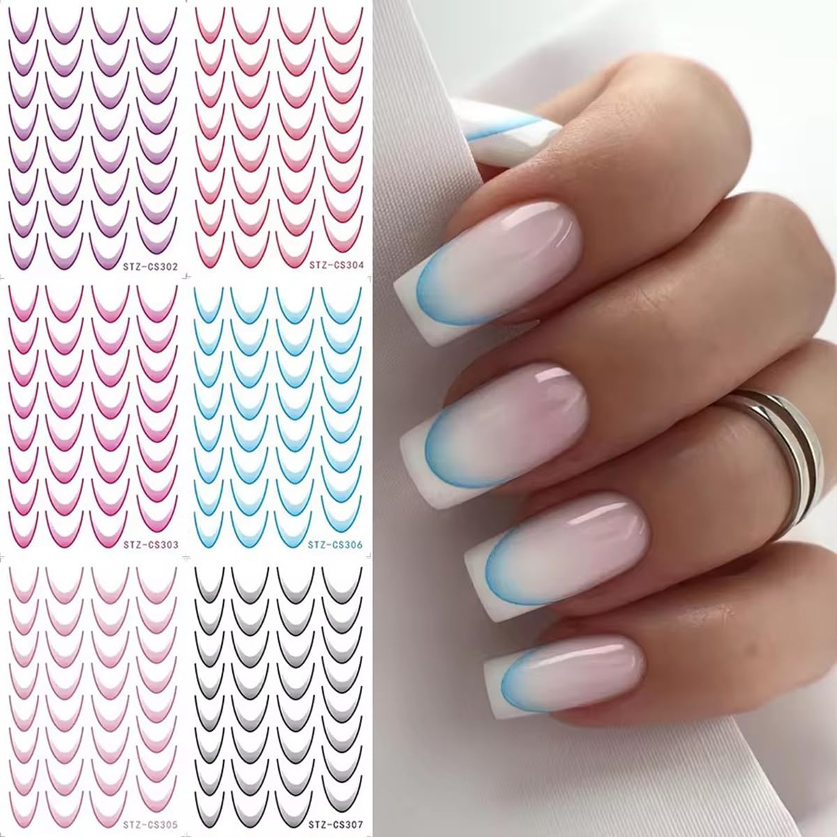 LunarCharm 6 hojas de coloridas pegatinas de línea francesa degradadas, calcomanías de punta francesa para uñas, accesorios de manicura para decoraciones de uñas DIY