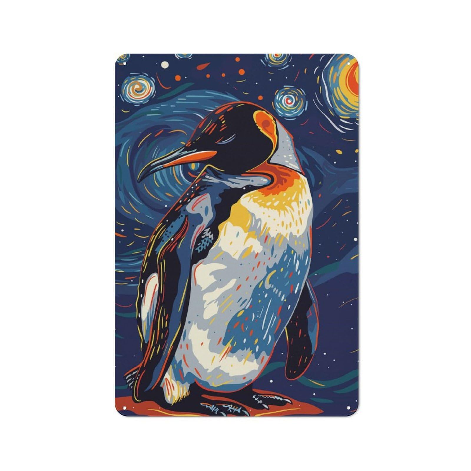 Junmoney Penguin In Starry Night Style Tin Wall Plaque 30X20cm With For Living Room Or Hallway, A Decorative Christmas Gift For Hallway Decor Fans