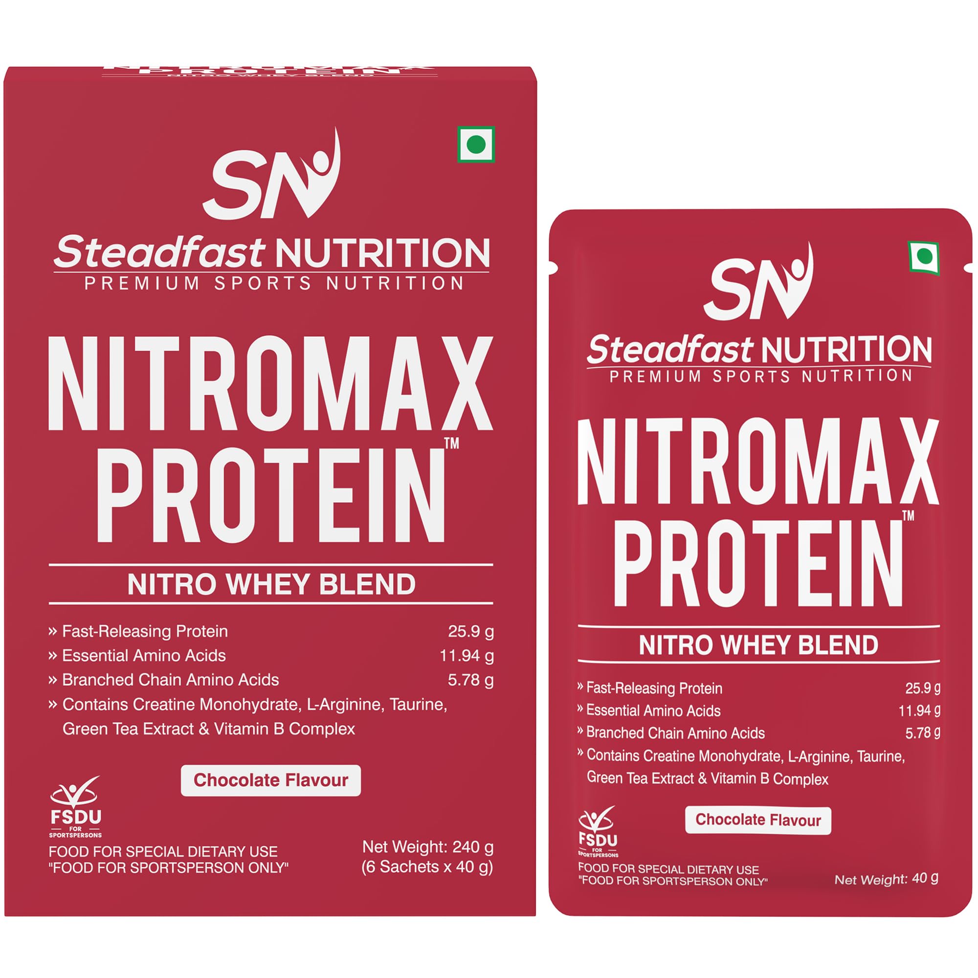 Steadfast Nutrition Nitromax Protein |25.9g Fast Releasing Protein, 11.94g EAA, 5.78g BCAA per sachet | Increases Muscle pump, strength, Lean Muscle (6 Sachets, Chocolate)