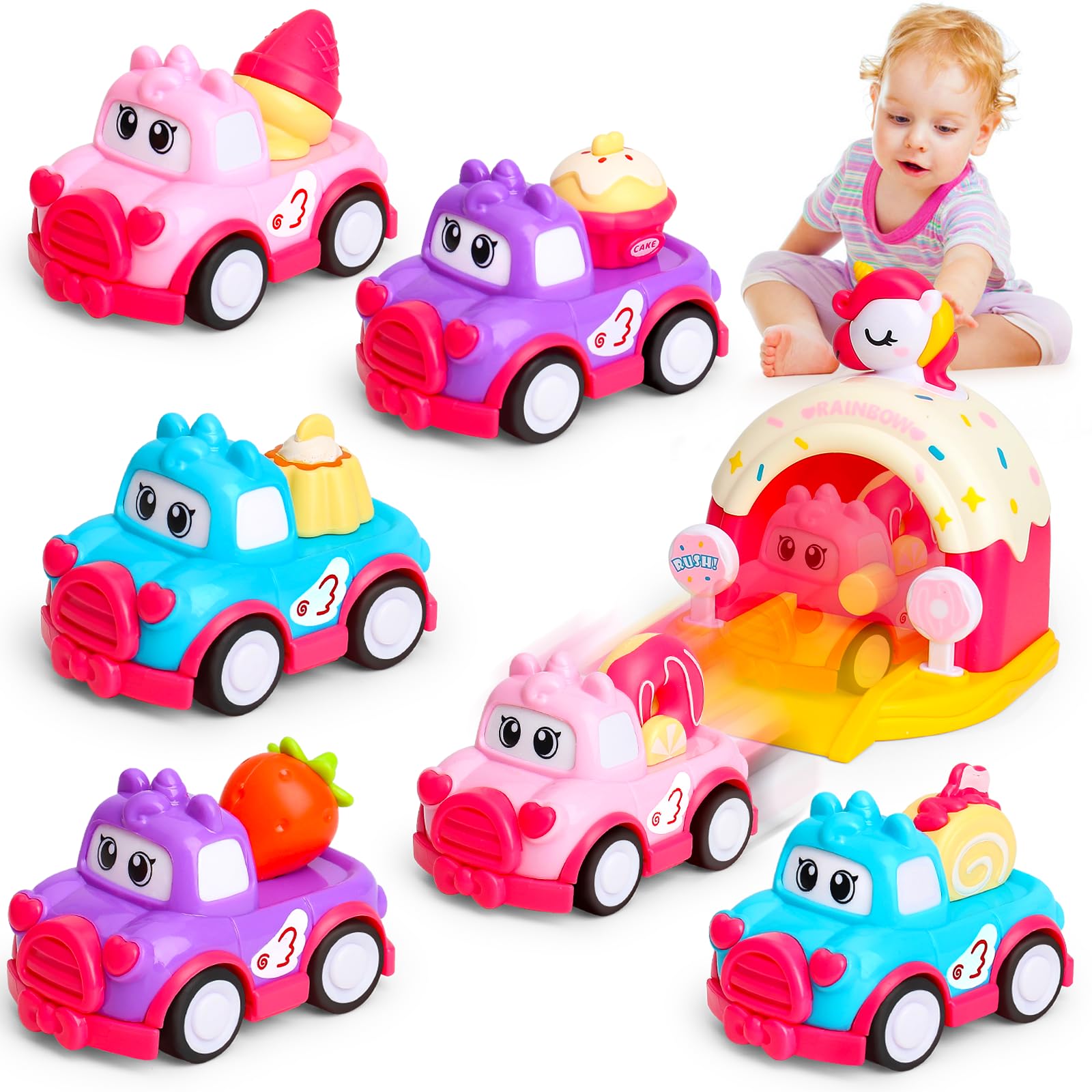 MOONTOY Baby Car Toys for 1 2 3 Year Olds Girl Gift Present, Pull Back Car Toys for Age 2-4 Kid