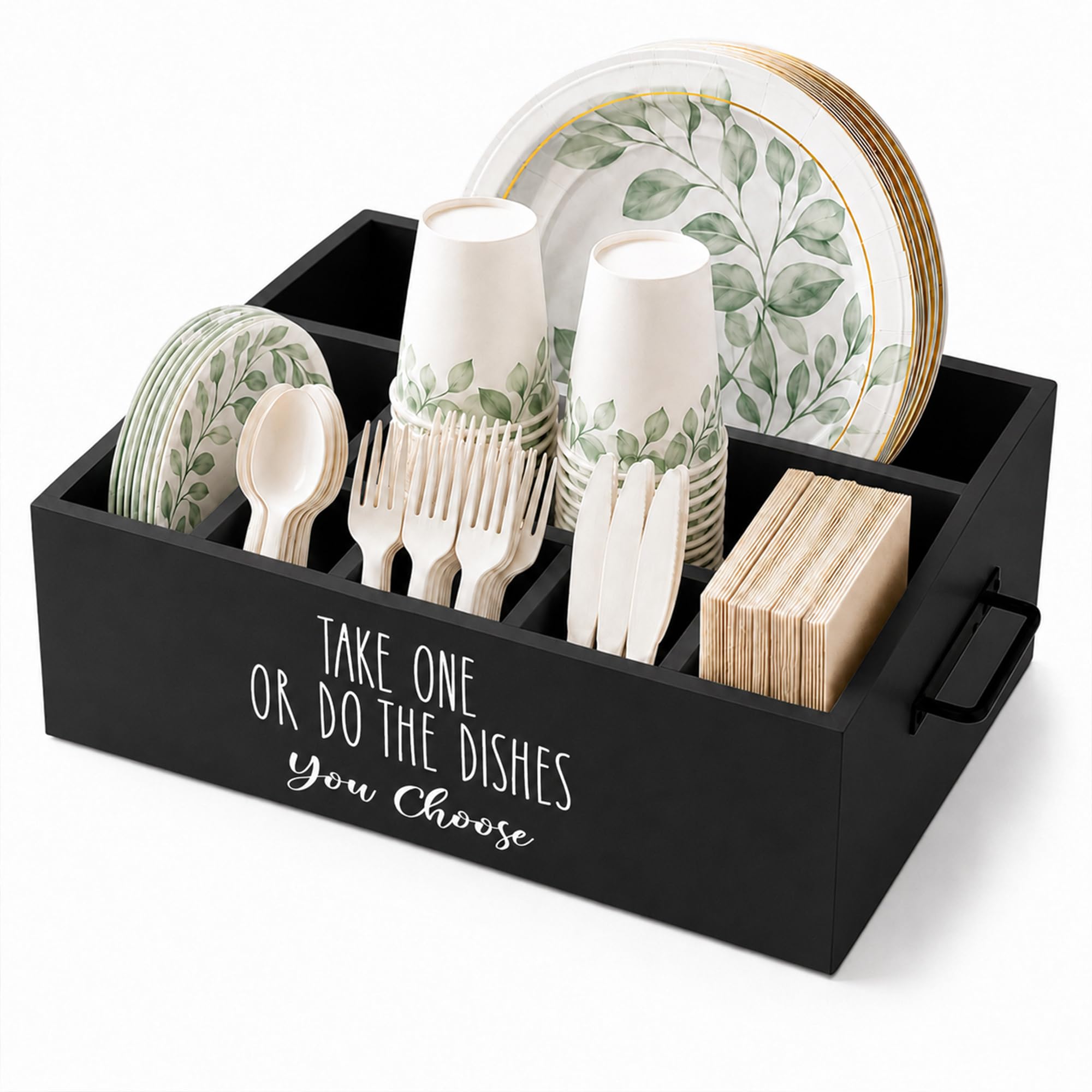 Soporte para platos de papel, organizador de cubiertos de plástico, dispensador de utensilios de plástico para fiestas, bufés, camping, barbacoa, cuchara, tenedor, cuchillos, platos, vasos