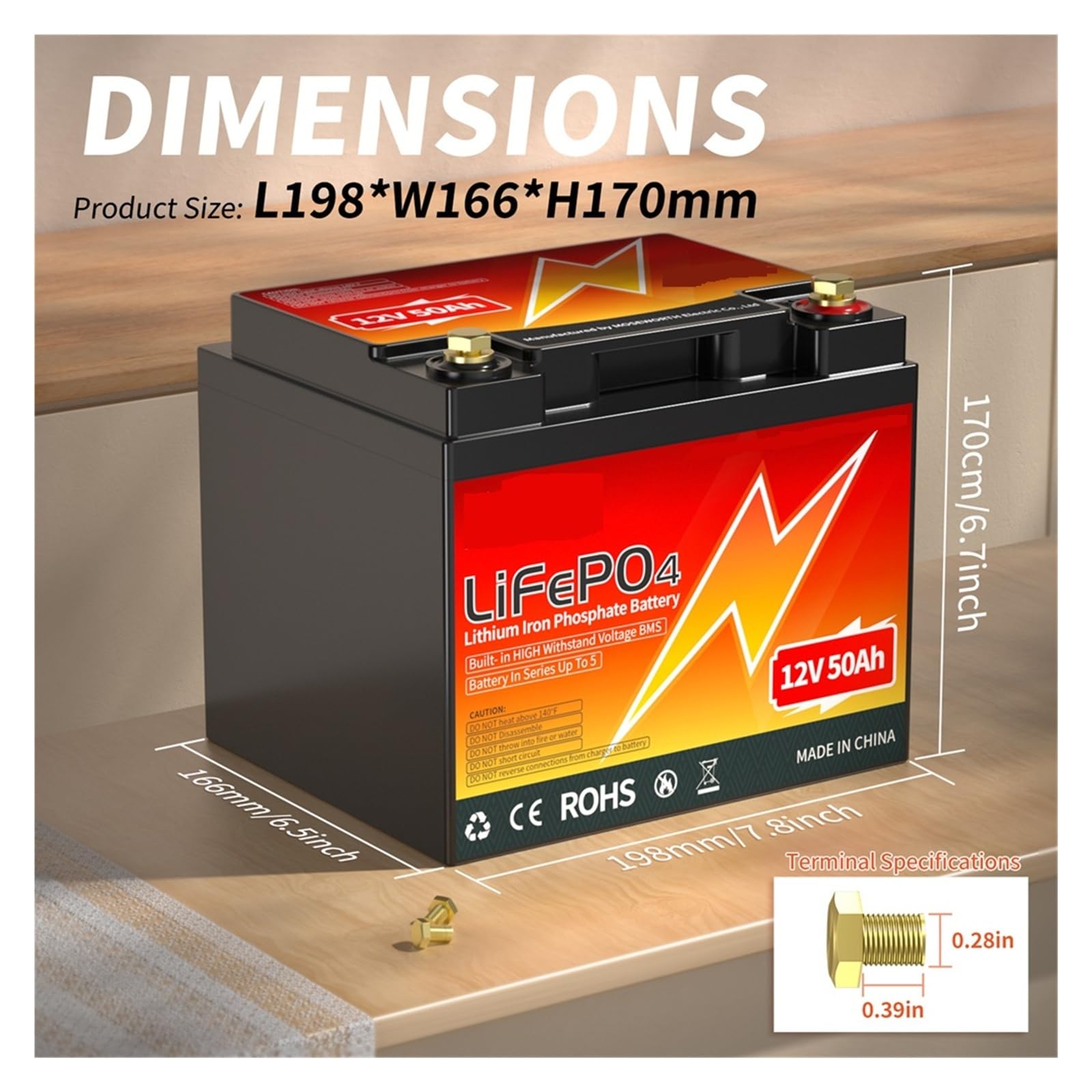 Batería de litio LiFePO4 de 12 V y 50 Ah de ciclo profundo con BMS integrado de 50 A for almacenamiento doméstico, motor de arrastre, autocaravana y sistema solar aislado de la red.