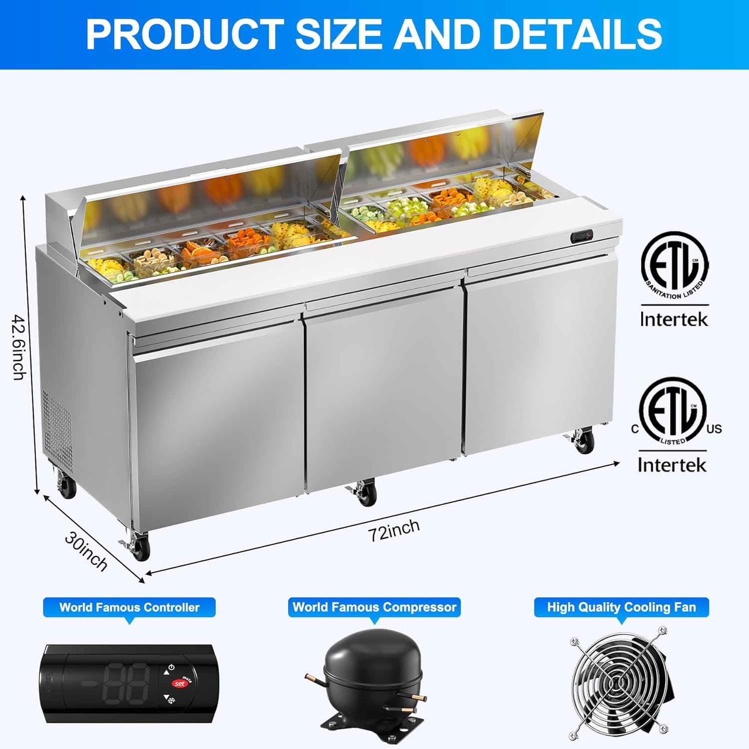 72" W Commercial Sandwich Prep Table Refrigerator, 21.2 Cu.ft 3 Doors Stainless Steel Salad Prep Table with 16 Pans, Commercial Salad Prep Station for Restaurant, Bar, Shop, ETL Approved