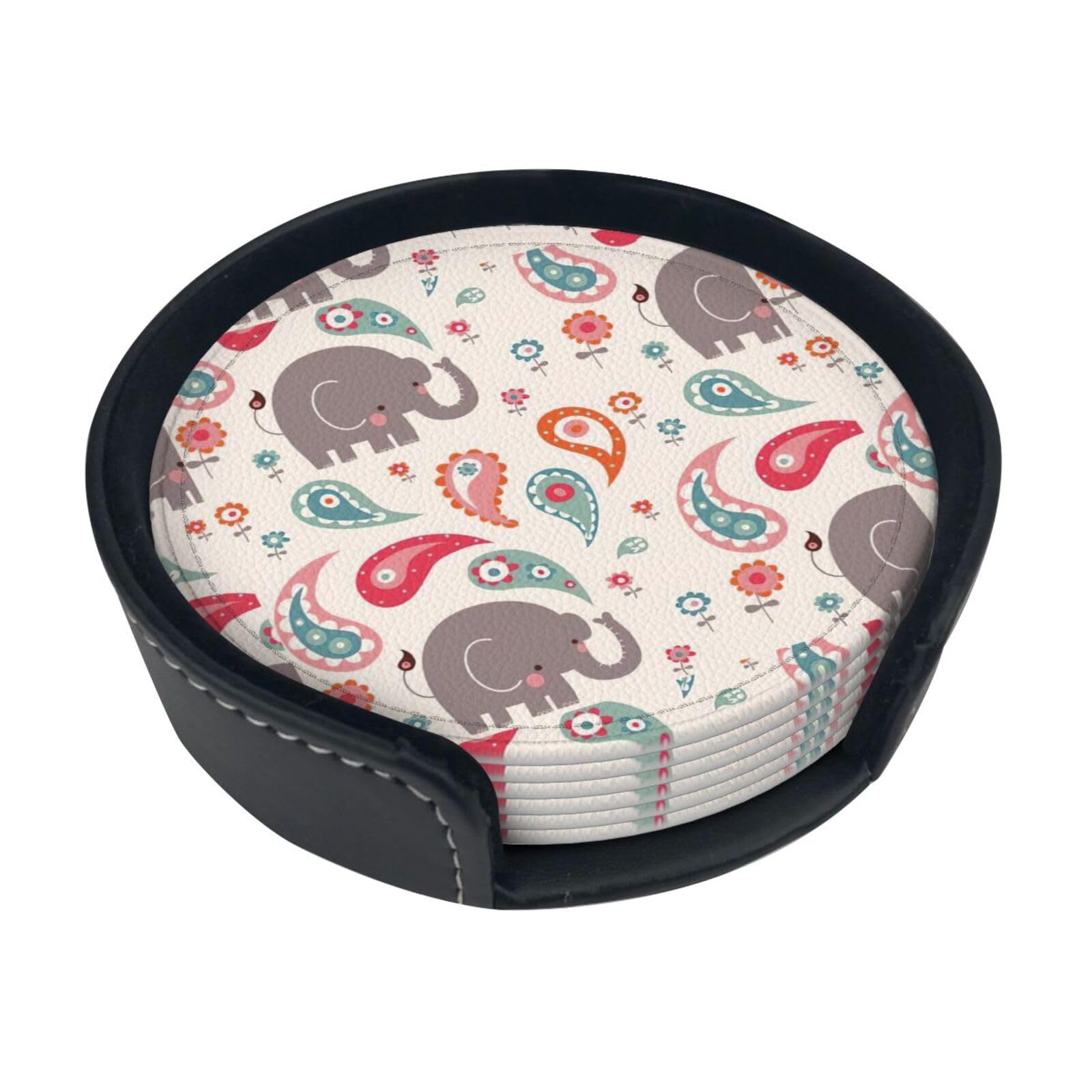 Elephants Print Round Coasters Set Of 6,Coaster For Tabletop Protection Home Bar Decor