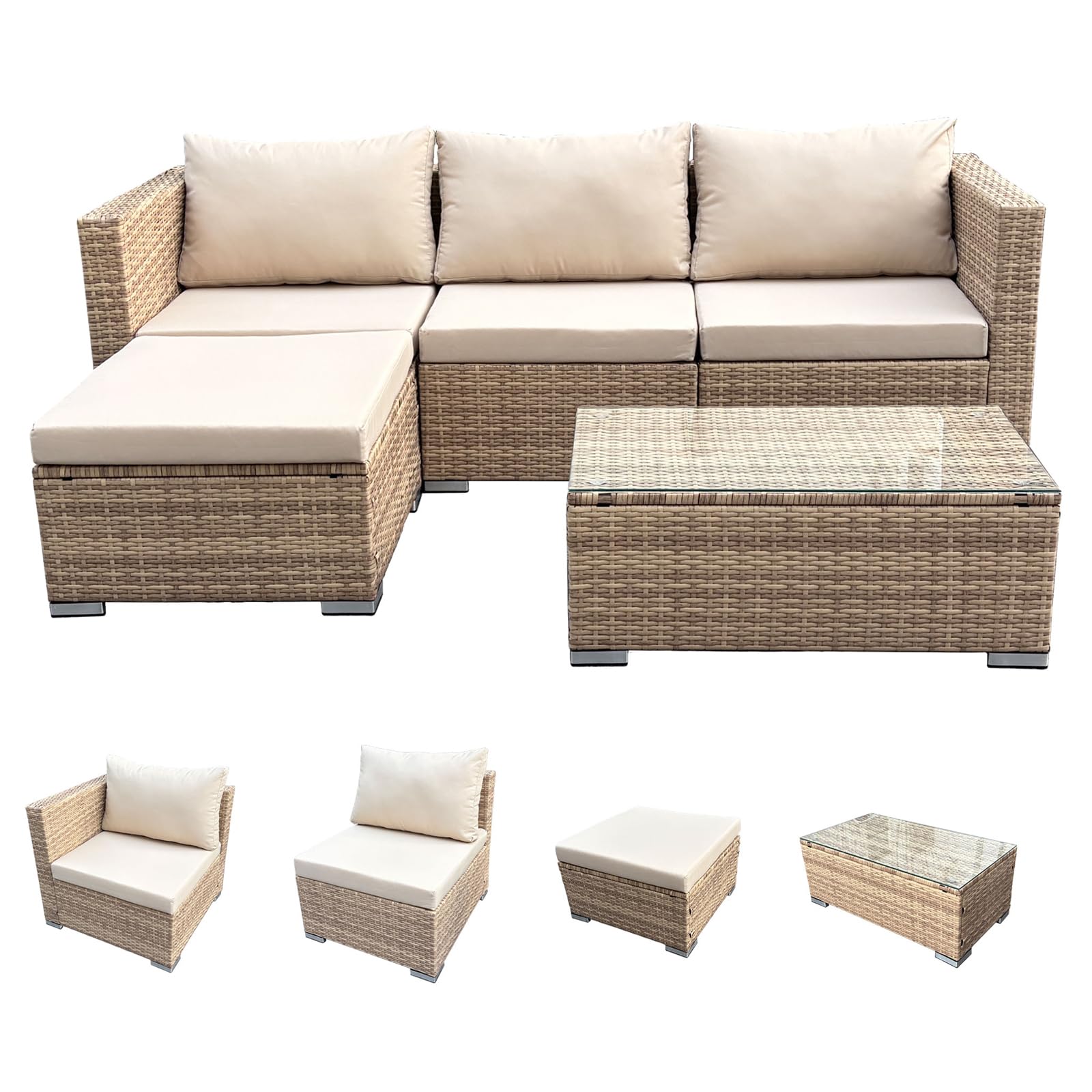 SVITA Queens Gartenlounge 5-teilig Polyrattan Lounge Set wetterfest Garten Terrasse Balkon inkl. Kissen Glas Tisch Beige