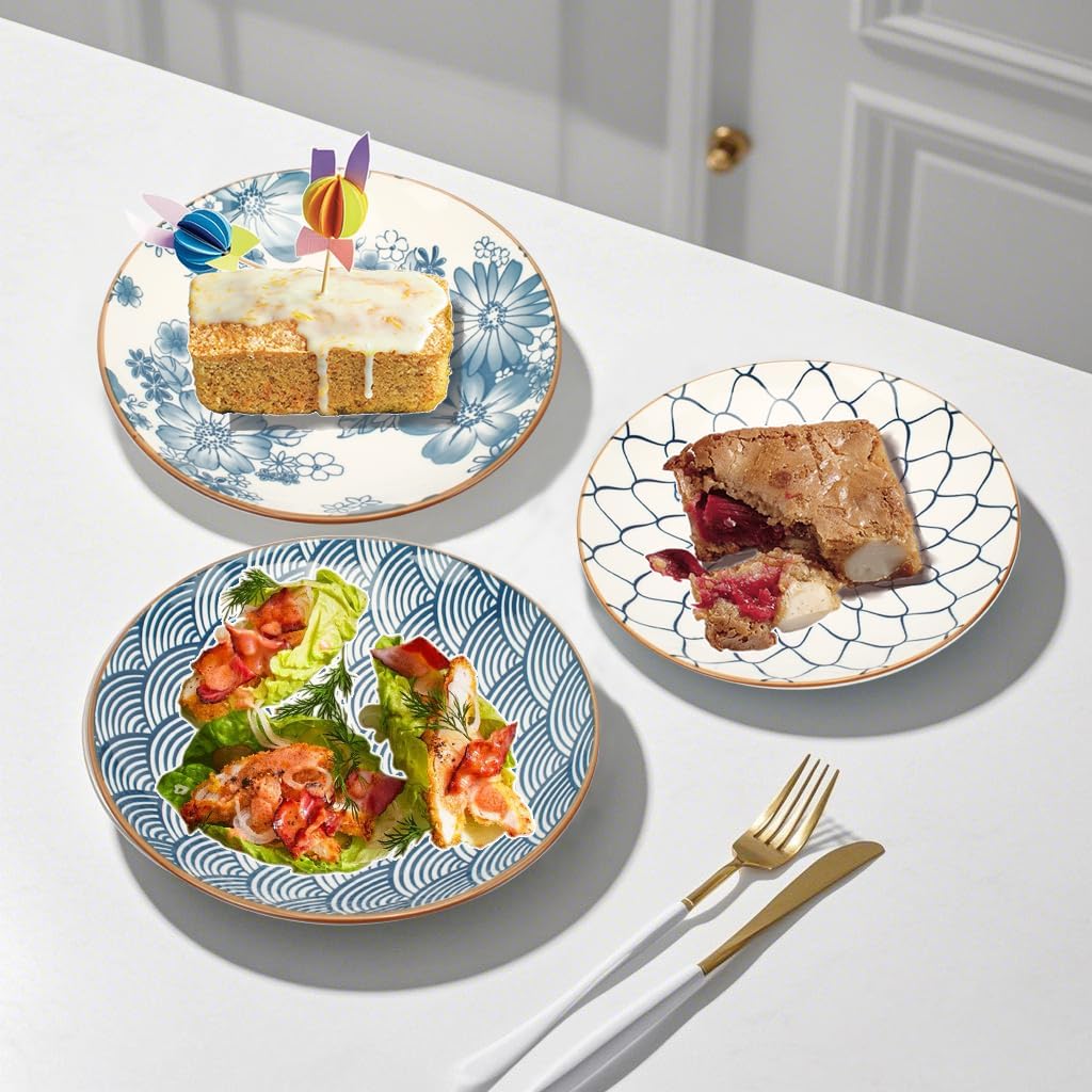Small Ceramic Salad Plates Set of 4, 7 Inch (13oz) Japanese Appetizer Plates for Sushi Snacks, Dessert Plates for Cake Fruit, Blue & White Dinnerware, Microwave Dishwasher Safe - Image 4