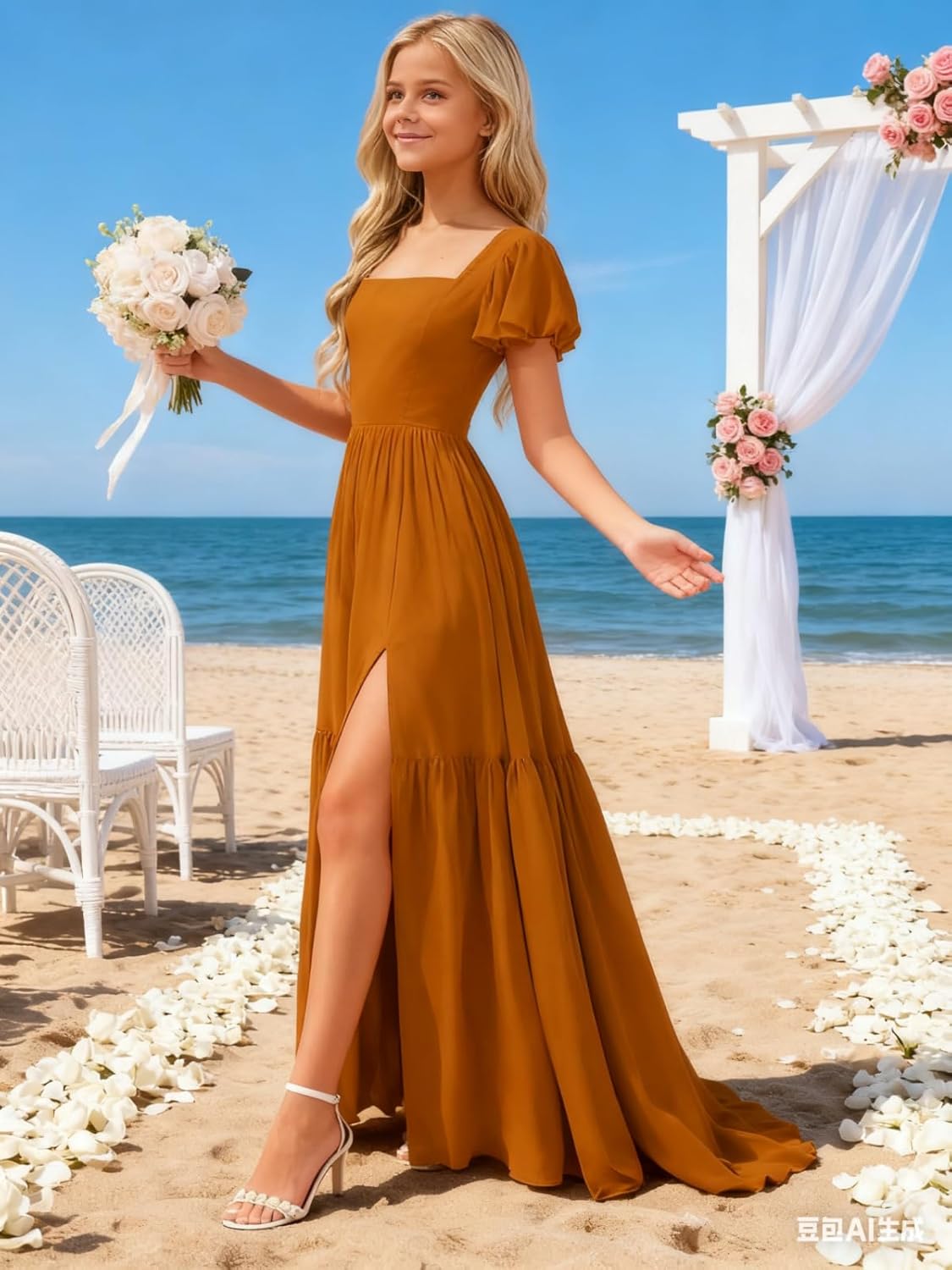Short Sleeve Junior Bridesmaid Dresses with Slit Chiffon Flower Girl Dress Pageant Party Gowns