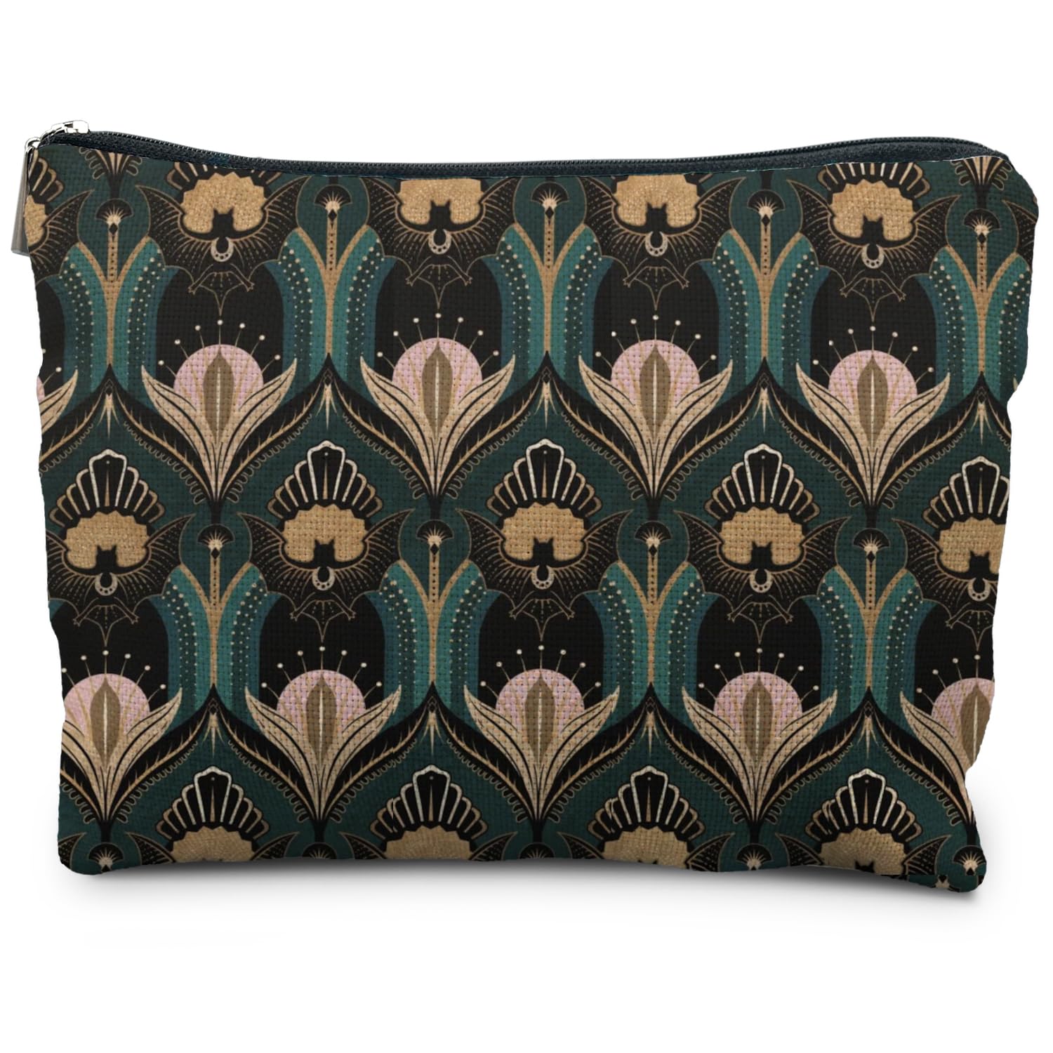 RYYCDOI Witchy Goth Makeup Bag, Vintage 1920s Bats and Flowers Aesthetic Cosmetic Toiletry Bag for Women