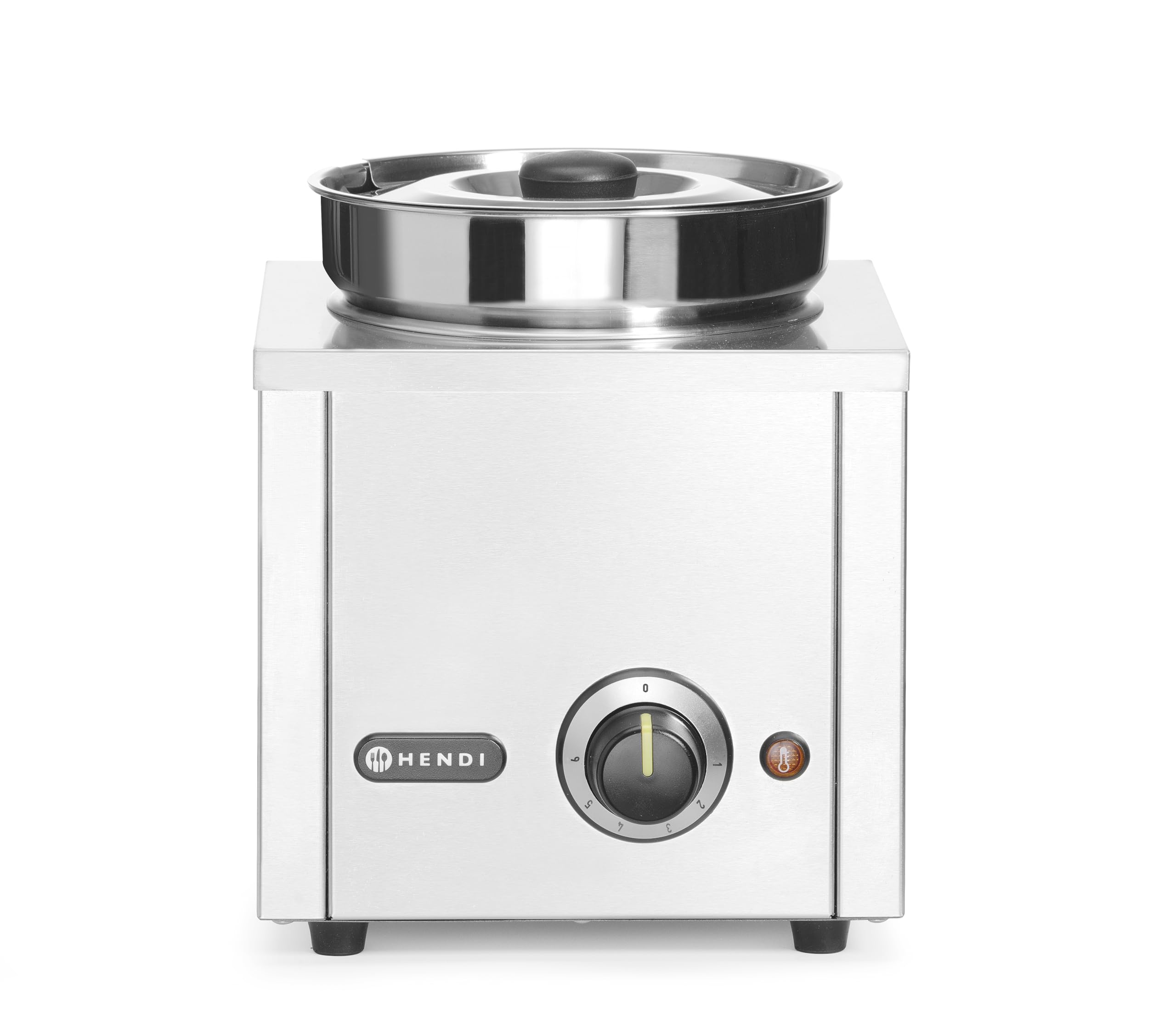 HENDI Baño María eléctrico profesional con 1 recipiente de acero inoxidable con tapa (1x4 L), Termosistema, Calentador de alimentos y sopas a 30–85 °C, 4 L, 220V/200W, 256x312x(H)298mm