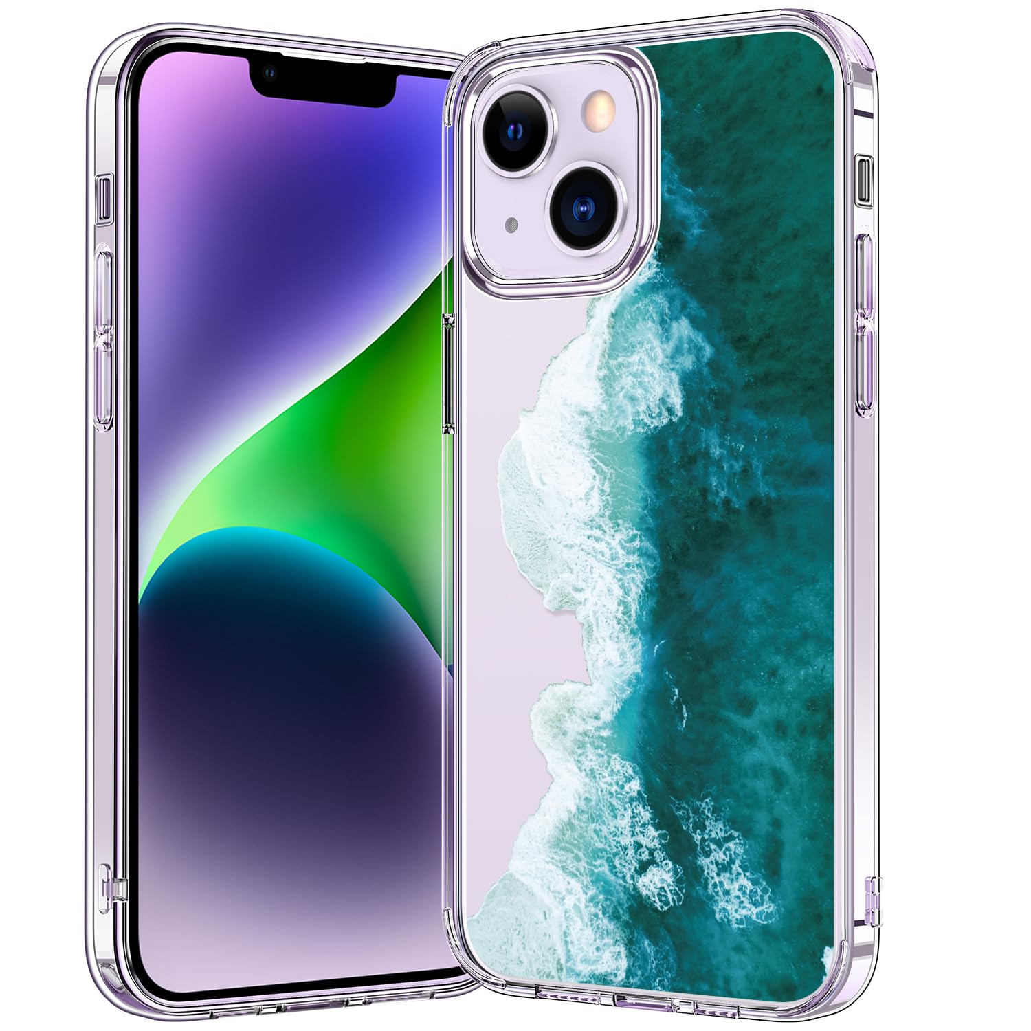bicol for iphone 14 plus case with clear fashionable designs for women girls,[with screen protector] slim fit shockproof durable protective phone cover for 6.7 inch,turquoise marble