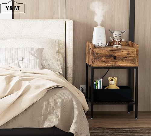 Miniatura 10 de Y&M Mesita de noche con estación de carga y puertos USB, mesa auxiliar con cajón, moderna mesita de noche, estante de almacenamiento para espacios