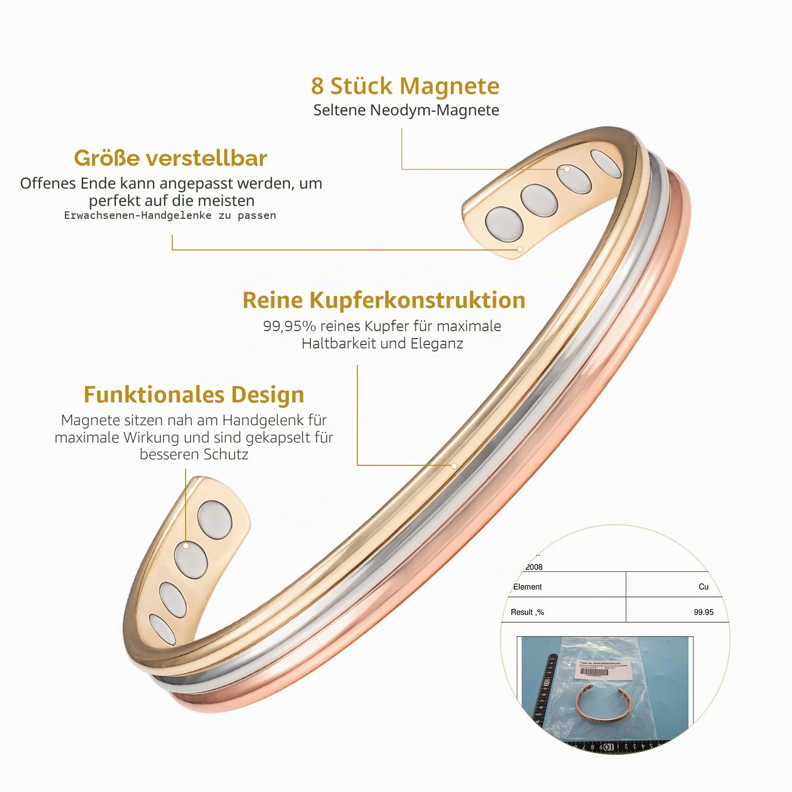 Tri-Tone Magnetische Kupfer-Armreifen und -Ring für Frauen oder Männer, 8 Magnete, verstellbare Größe 16,5 cm, perfektes Mutter- oder Ehefrau-Geschenk