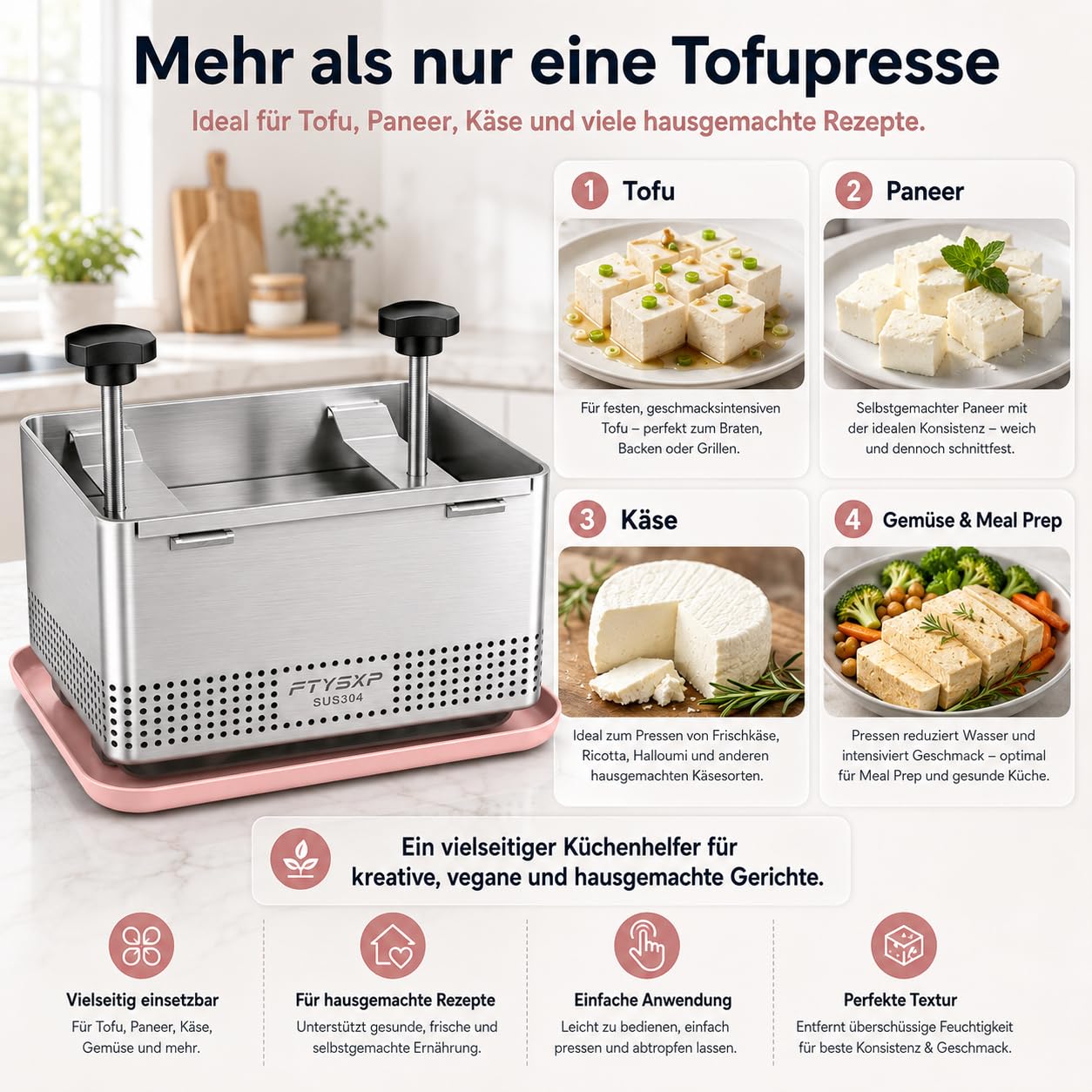 Tofu Presse à Tofu en Acier Inoxydable 304 pour accélérer l'élimination de l'eau de la Soie en 10-30 Minutes pour Tofu Solide ou Extra Ferme sans Fissure sans BPA (25x16x13 cm)