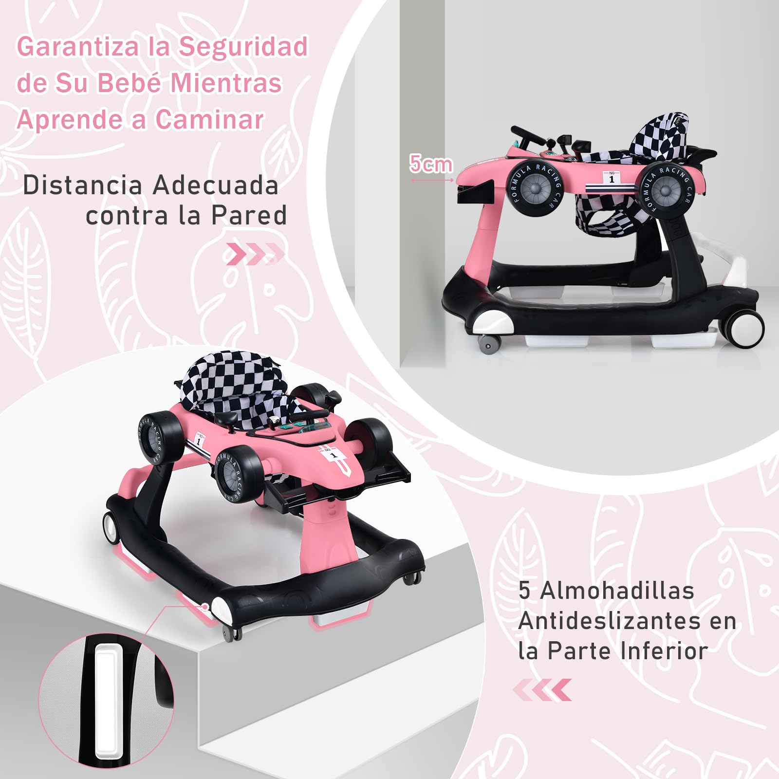 COSTWAY 4 en 1 Andador Bebes, Tacata Bebe Plegable con Altura y Velocidad Regulables, Carillón con Luces, Volante y Asiento con Cojín, Diseño Antivuelco, Caminador para Bebe de 6-18 Meses