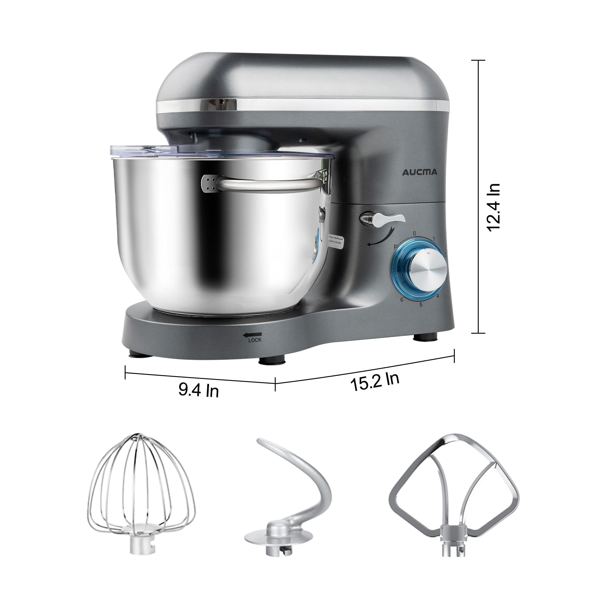 Aucma Batidora de pie, 6.5 cuartos de galón, 660 W, 6 velocidades, cabezal inclinable, mezclador eléctrico de cocina con gancho para masa, batidor de alambre y batidor (6.5 cuartos de galón, gris)