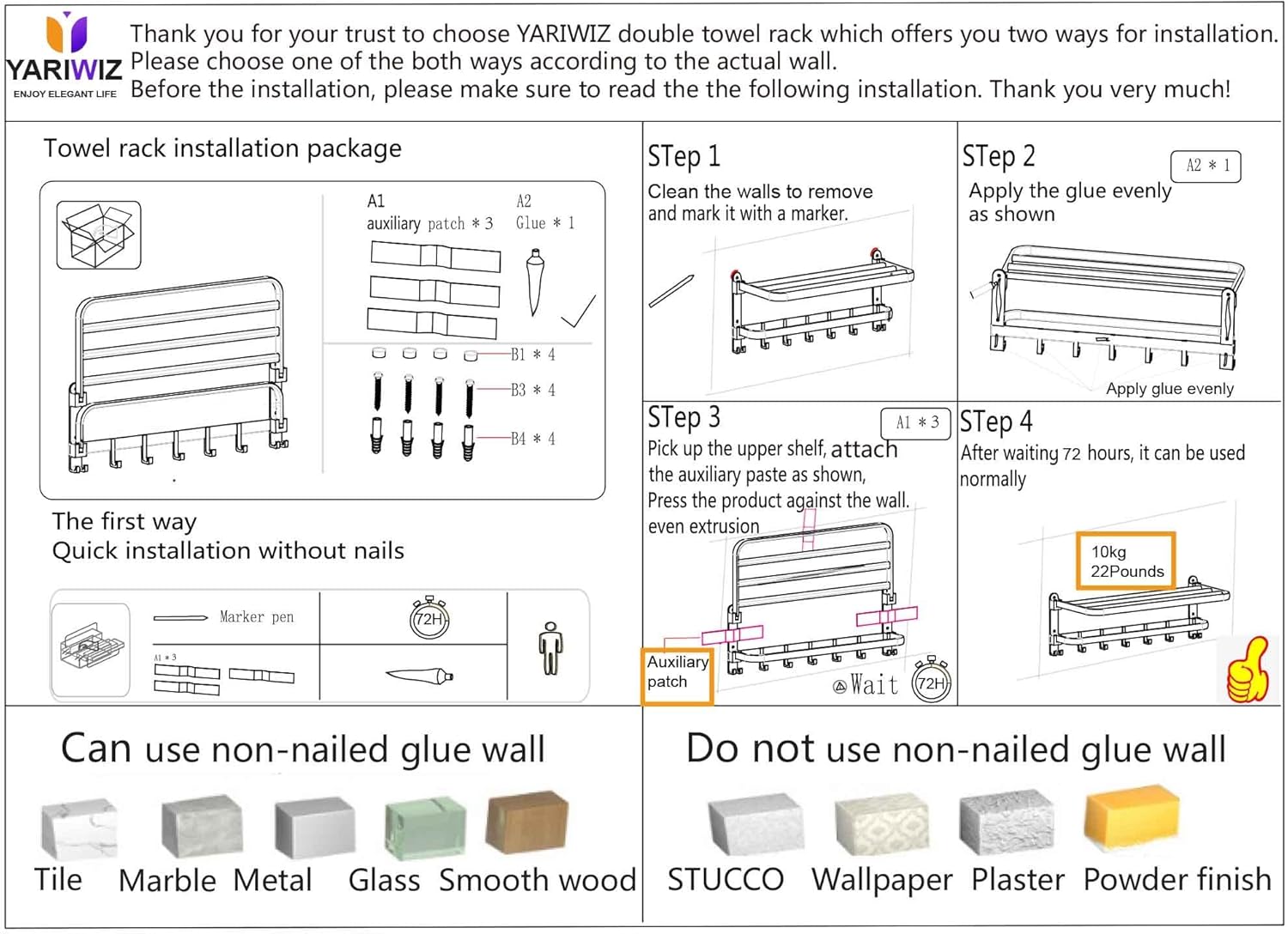 (1 Pack) Yariwiz Matte Black Towel Rack Wall Mounted No Drill and Screw Mounting, Bathroom Bath Shower Length 24 inch Double Towel Rod with Shelf Hotel Towel Rack B0503-MB