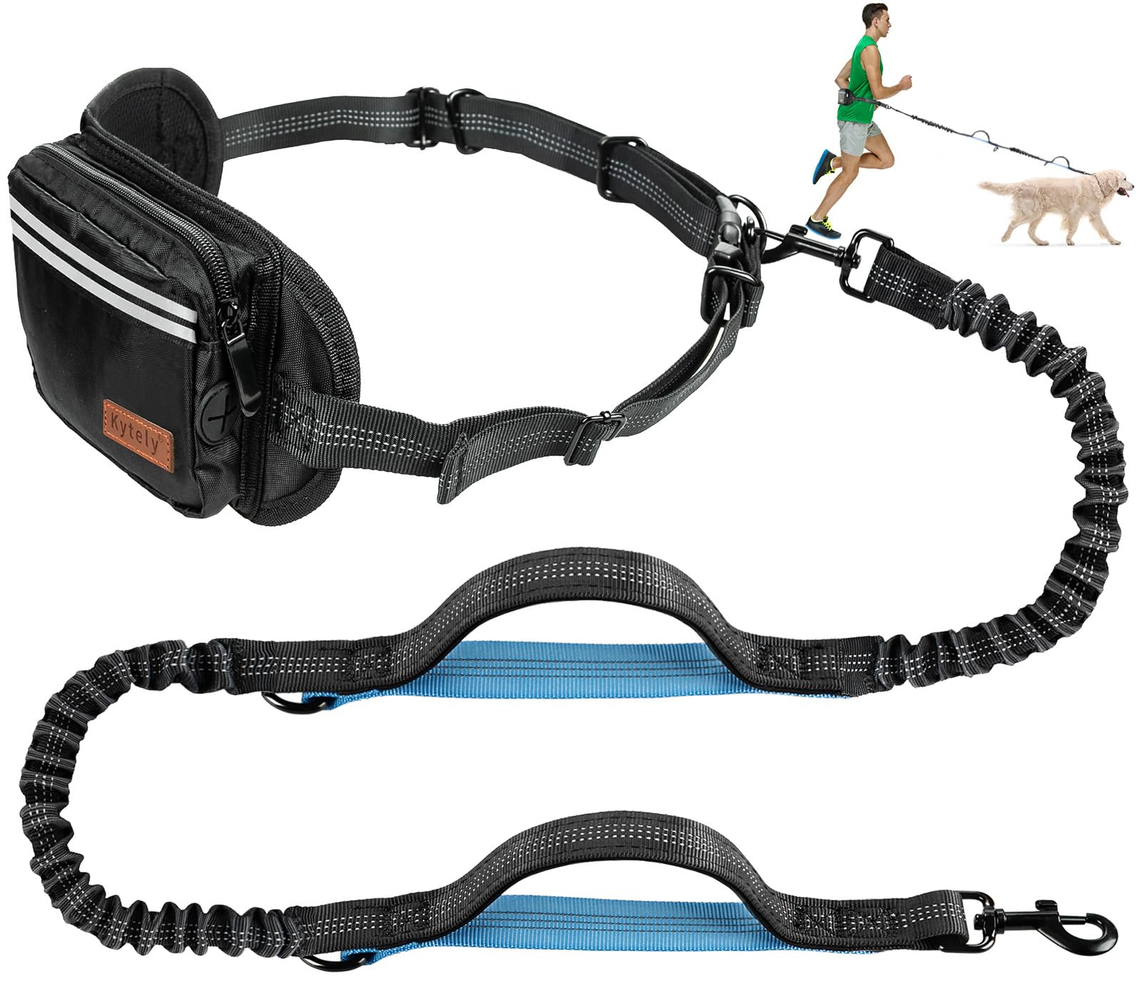 Kytely Hands Free Dog Leash with Zipper Pouch, Wide Padded Waist Dog Running Leash for Medium and Large Dogs, Dual Padded Handles, Retractable Bungee for Walking Jogging Training Hiking
