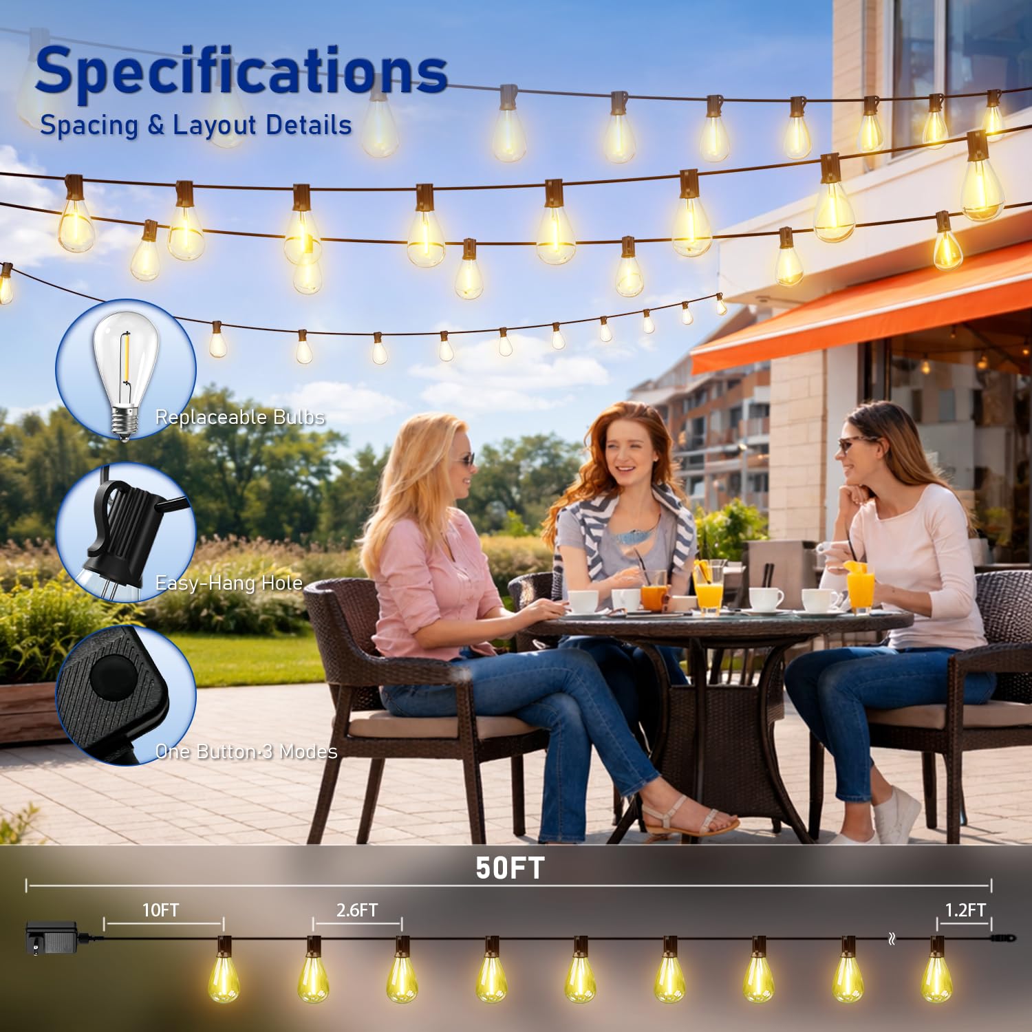 Sikitul 50FT Outdoor String Lights with Remote & Dimmable, 18+1 Shatterproof Waterproof Bulbs, Dimmable Outside Hanging Patio Lights for Backyard, Porch, Deck, Garden 2200K Warm Yellow — view 6