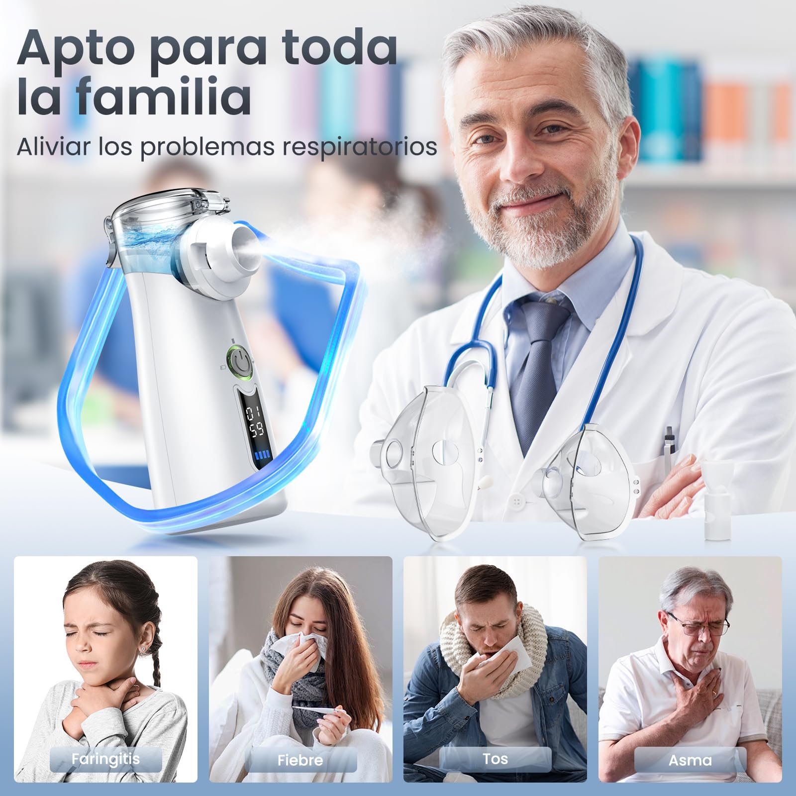 Nebulizador Silencioso, Recargable USB-C, Máquina de Nebulizador Para Adultos y Niños, Con Pantalla Digital, Nebulizadorultrasónico Con 2 Máscaras y Una Boquilla – Gris