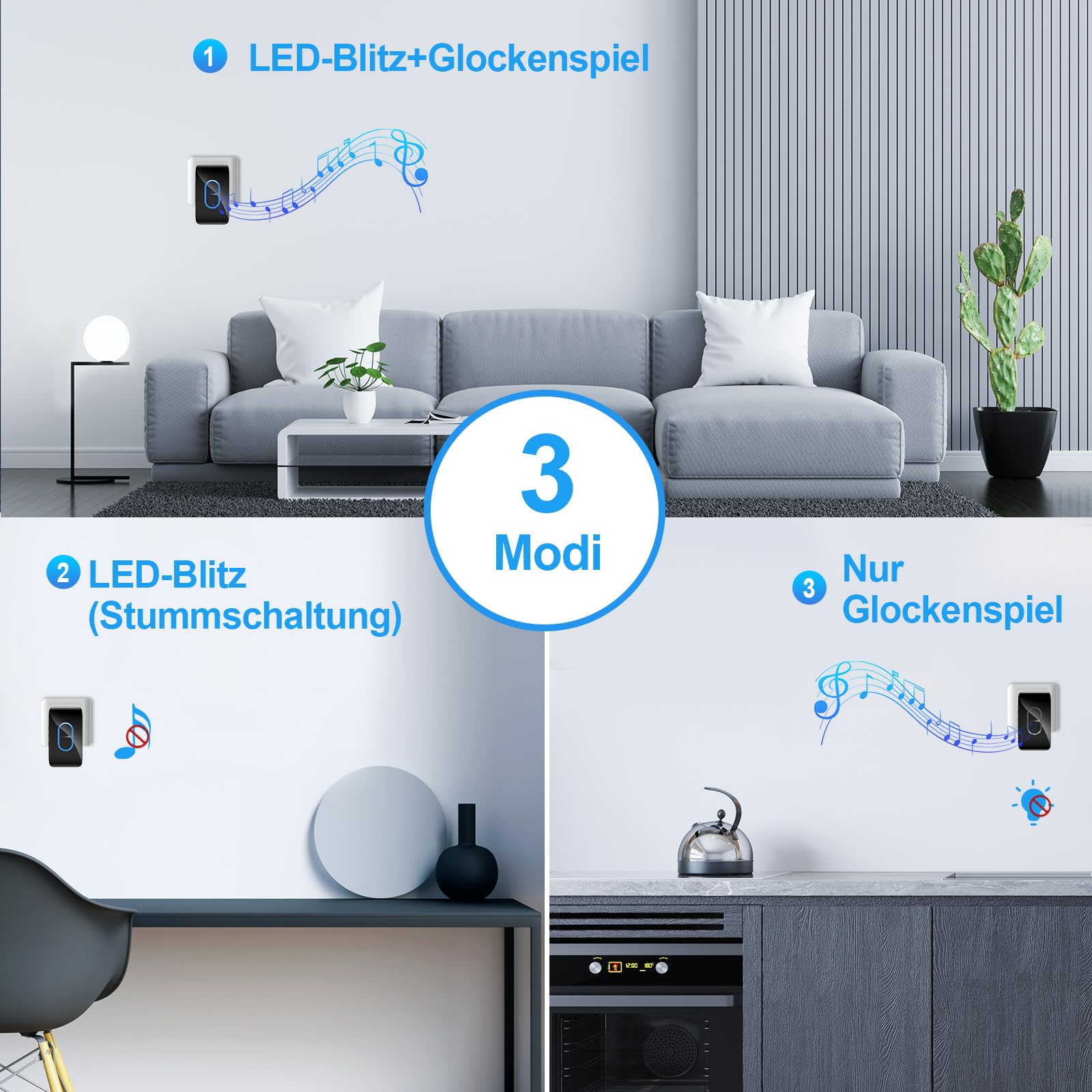 TECKNET Türklingel IP65 Funkklingel Aussen Wasserdicht, 400m Reichweite, Klingelset mit 1 Sender und 3 Empfängern, 5 Lautstärkestufen, 60 Melodien, Funkklingel mit LED-Blitz – Schwarz